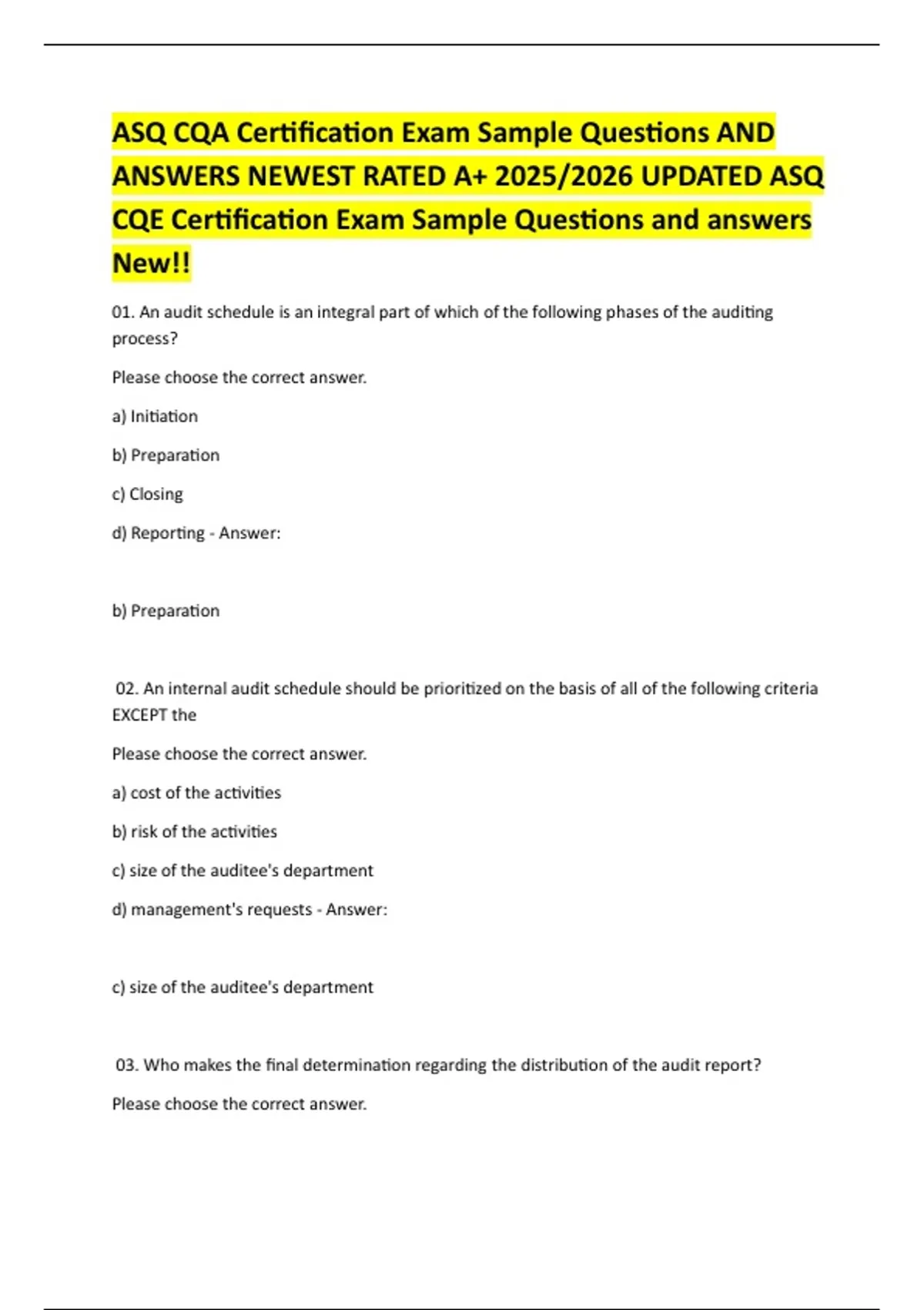 ASQ CQA Certification Exam Sample Questions AND ANSWERS NEWEST RATED A+ ...