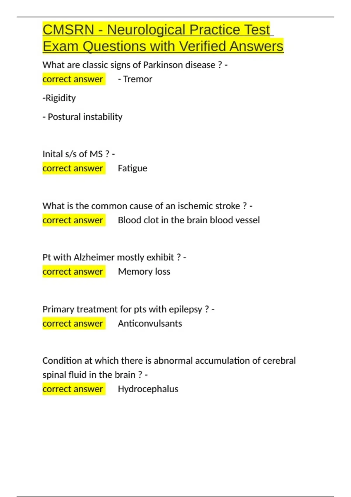CMSRN - Neurological Practice Test Exam Questions with Verified Answers ...