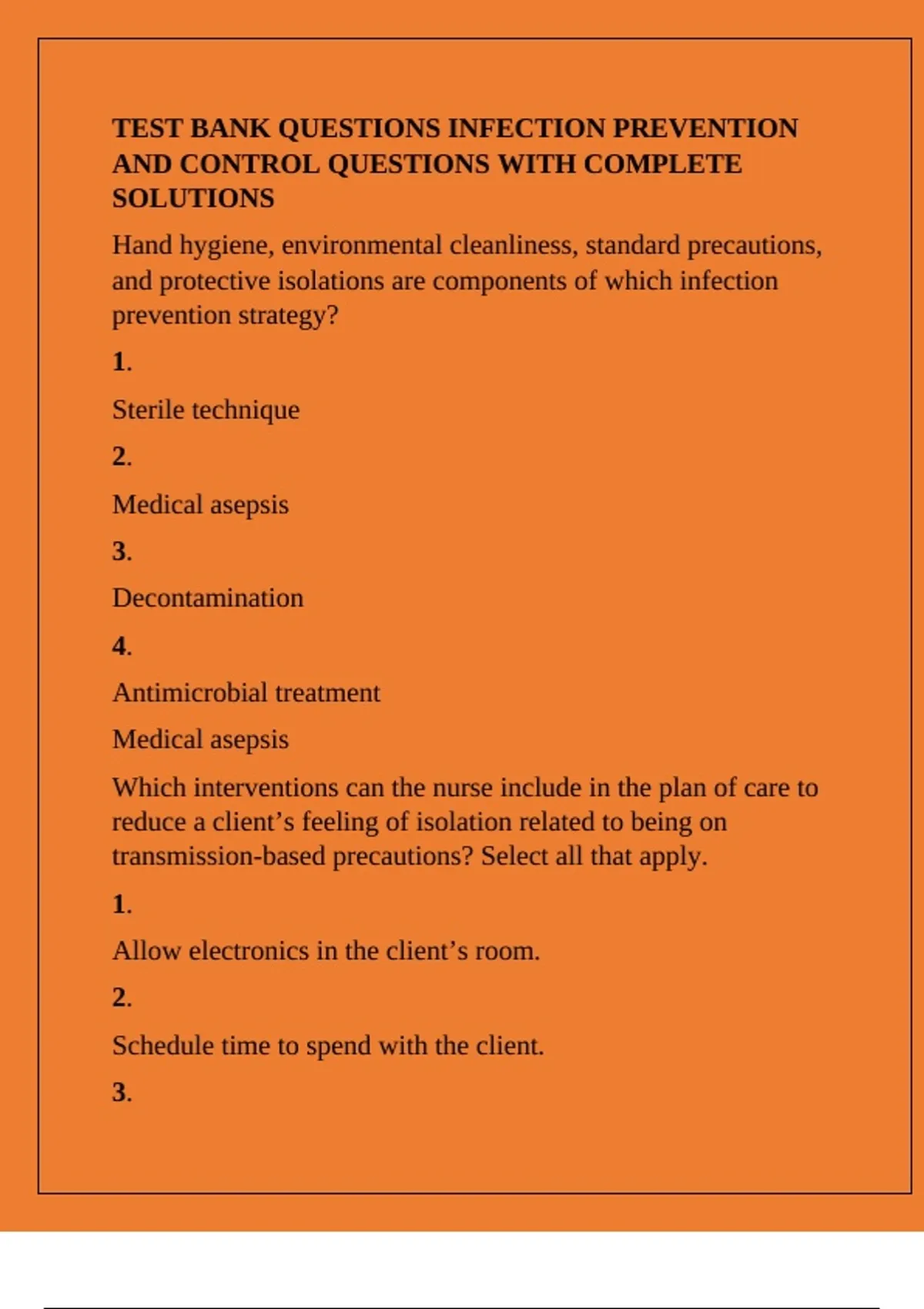 Questions Infection Control TEST BANK QUESTIONS INFECTION PREVENTION AND CONTROL QUESTIONS WITH ...
