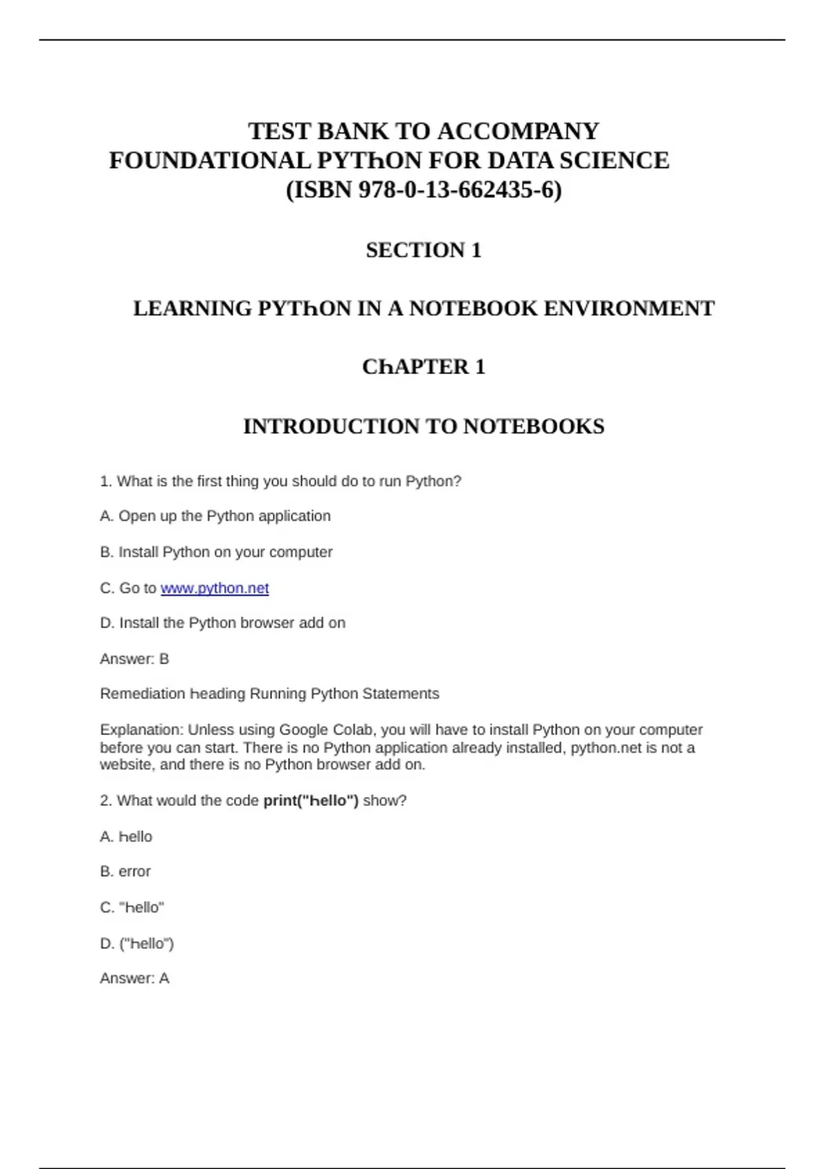 test bank, practice questions: Foundational Python for Data Science ...