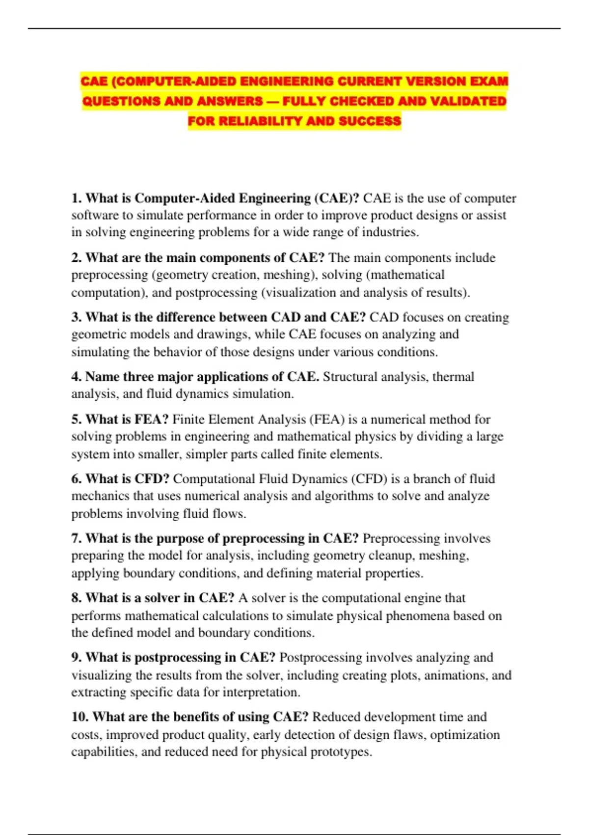 CAE (COMPUTER-AIDED ENGINEERING CURRENT VERSION EXAM QUESTIONS AND ...