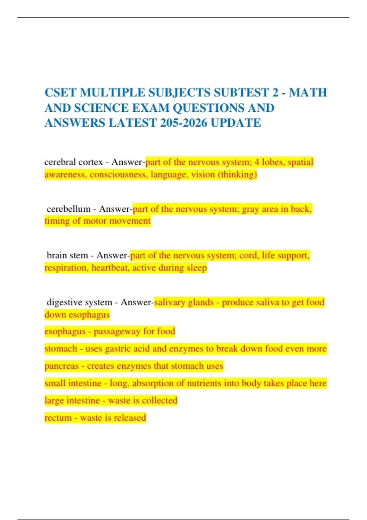 CSET MULTIPLE SUBJECTS SUBTEST 2 - MATH AND SCIENCE EXAM QUESTIONS AND ...