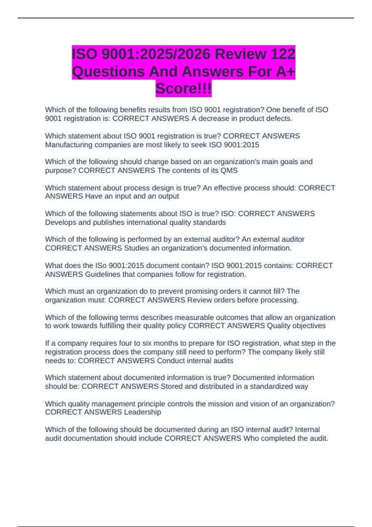 ISO 9001:2025/2026 Review 122 Questions And Answers For A+ Score ...