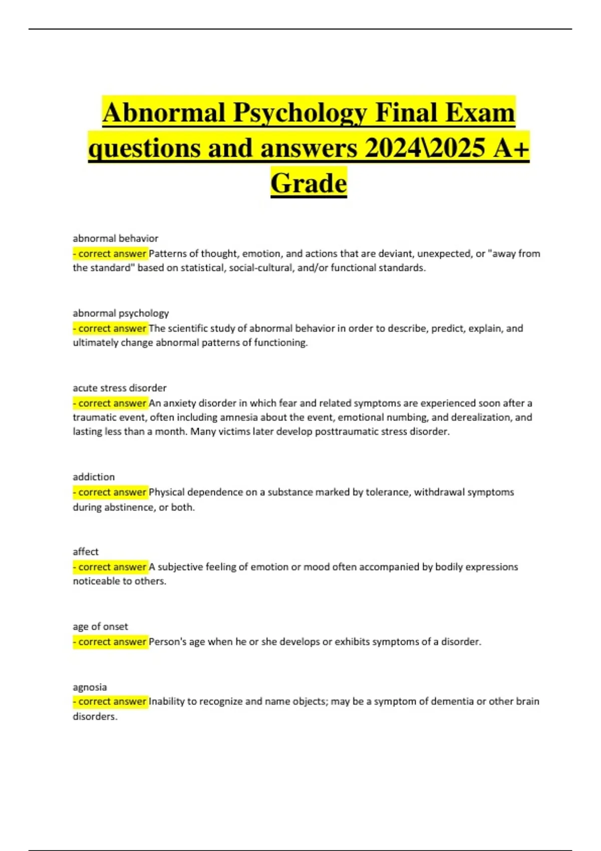 Abnormal Psychology Final Exam – Verified Questions & Correct Answers ...