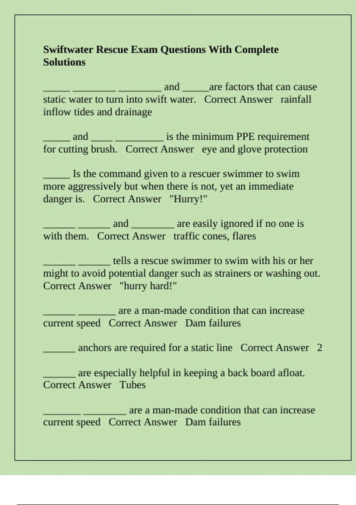Swiftwater Rescue Exam Questions With Complete Solutions - Swiftwater ...