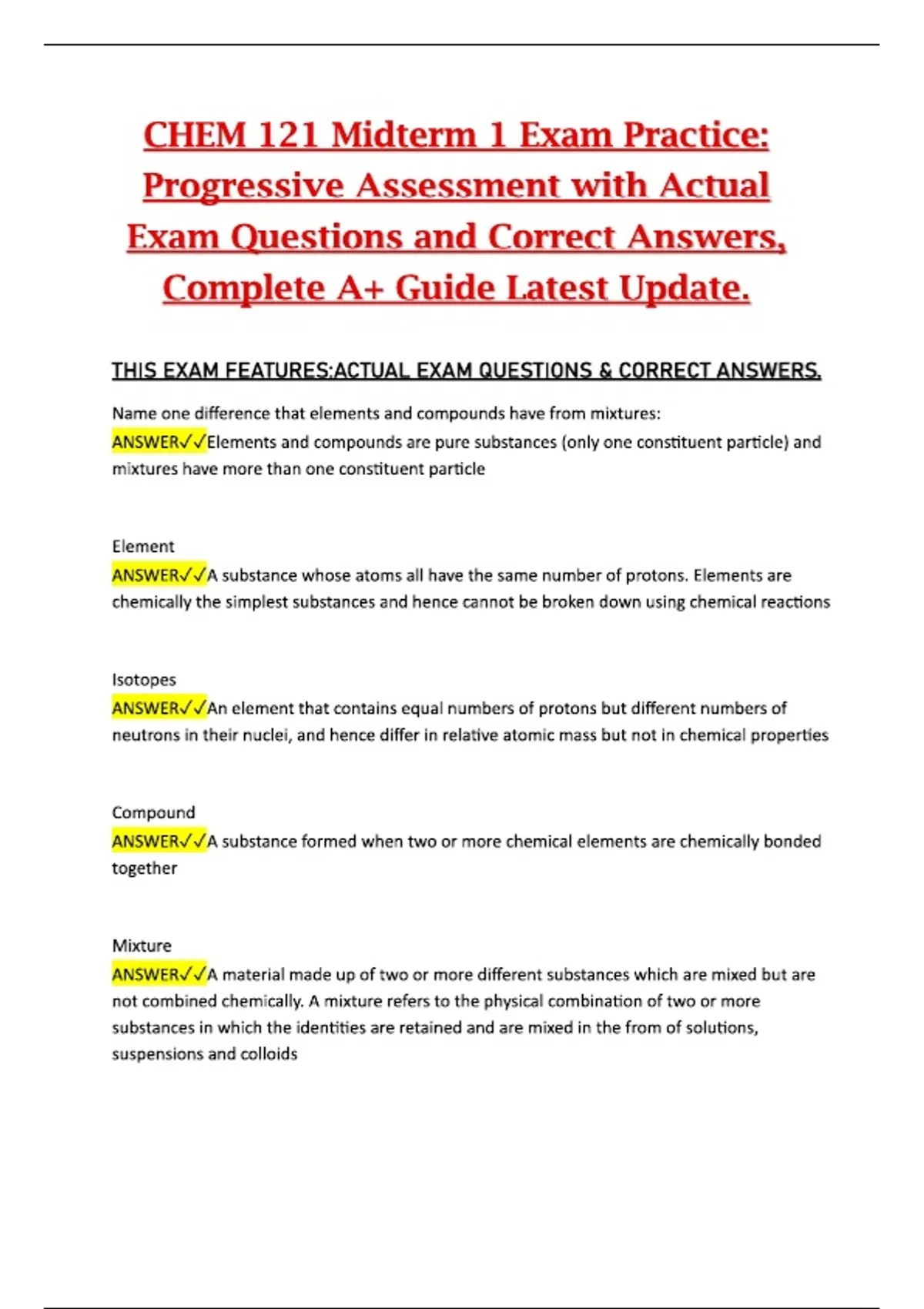 CHEM 121 Midterm 1 Exam Practice – Progressive Assessment with Actual ...