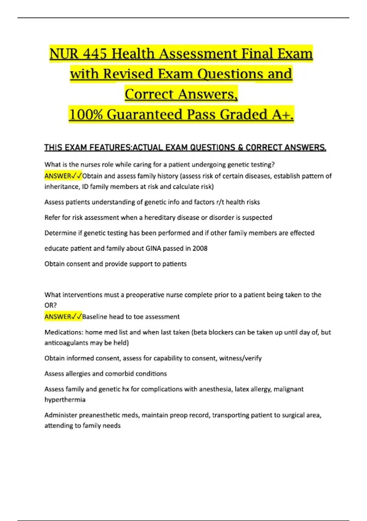 NUR 445 Health Assessment Final Exam – Revised Exam Questions and ...