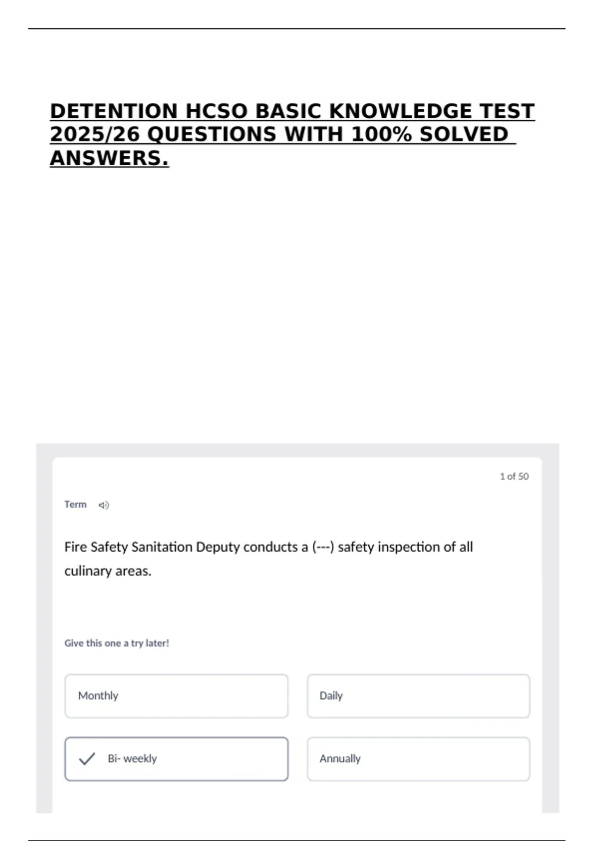 DETENTION HCSO BASIC KNOWLEDGE TEST 2025/26 QUESTIONS WITH 100% SOLVED ...