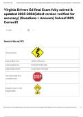 Virginia Drivers Ed final Exam fully solved & updated 2025-2026&lpar;latest version verified for accuracy&rpar; &lpar;Questions &plus; Answers&rpar; Solved 100&percnt; Correct&excl;&excl;