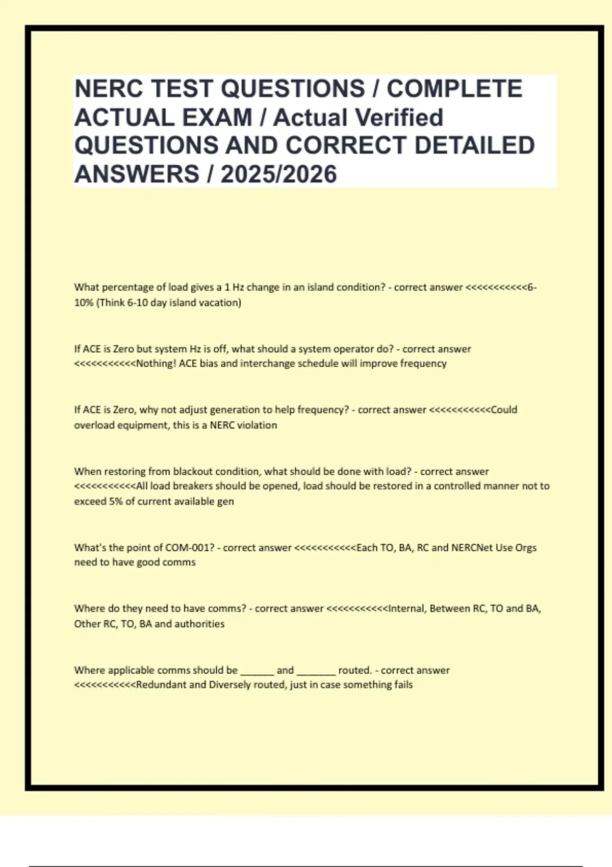 NERC Test Questions 2025/2026 – Complete Verified Exam with Correct ...