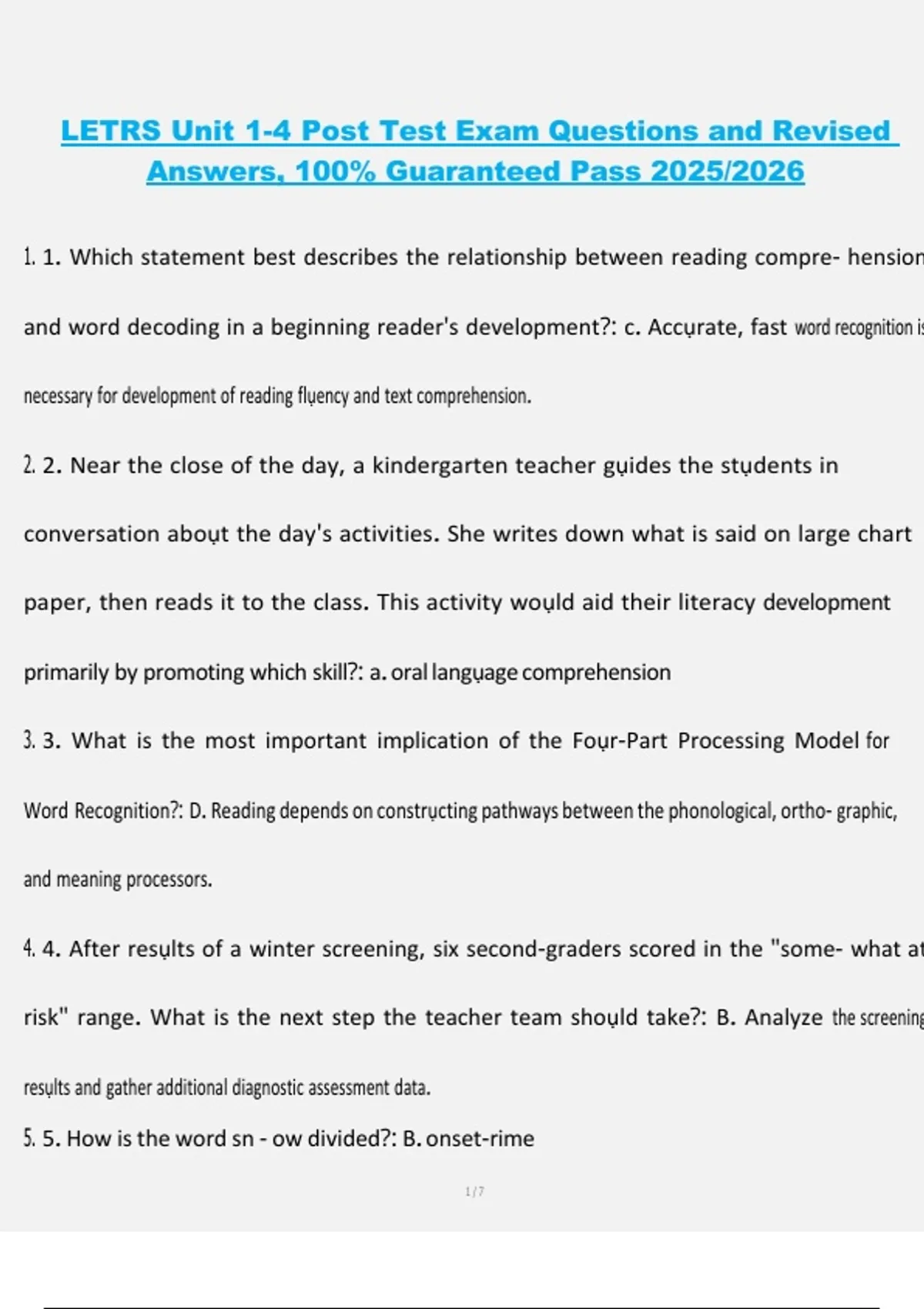 LETRS Units 1–4 Post Test Exam | Questions and Revised Answers | 100% ...