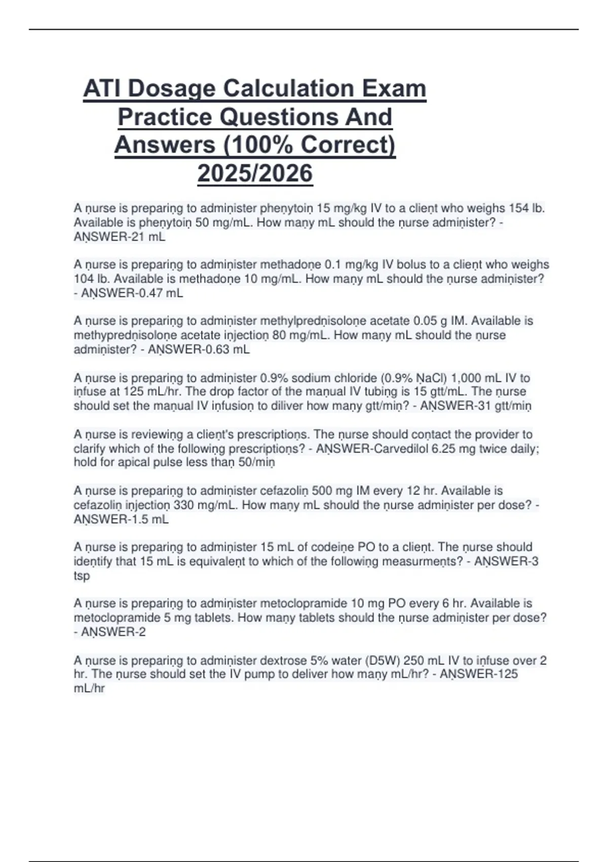 ATI Dosage Calculation Exam Practice Questions And Answers (100% ...