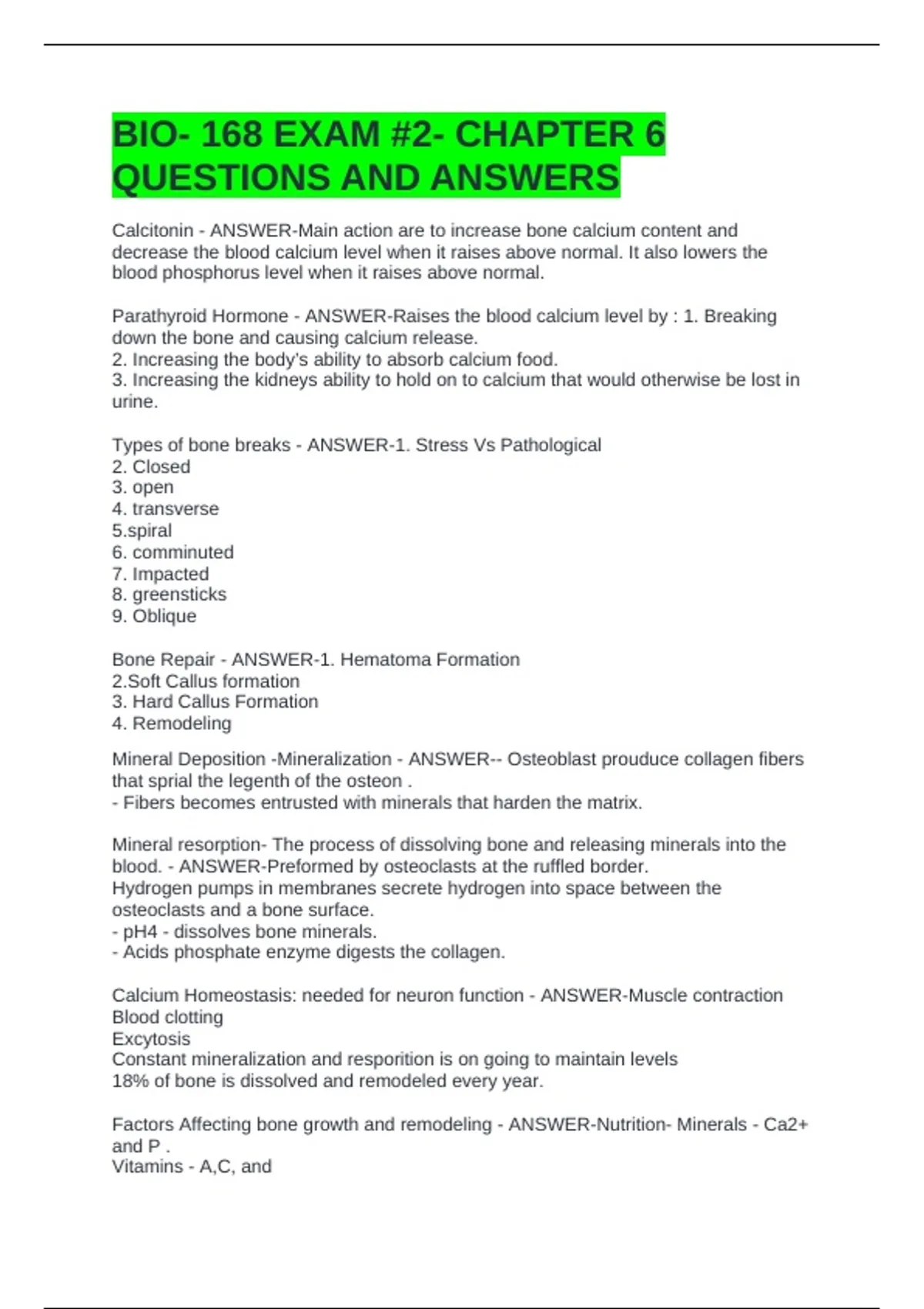 BIO- 168 EXAM #2- CHAPTER 6 QUESTIONS AND ANSWERS - BIO 168 - Stuvia US