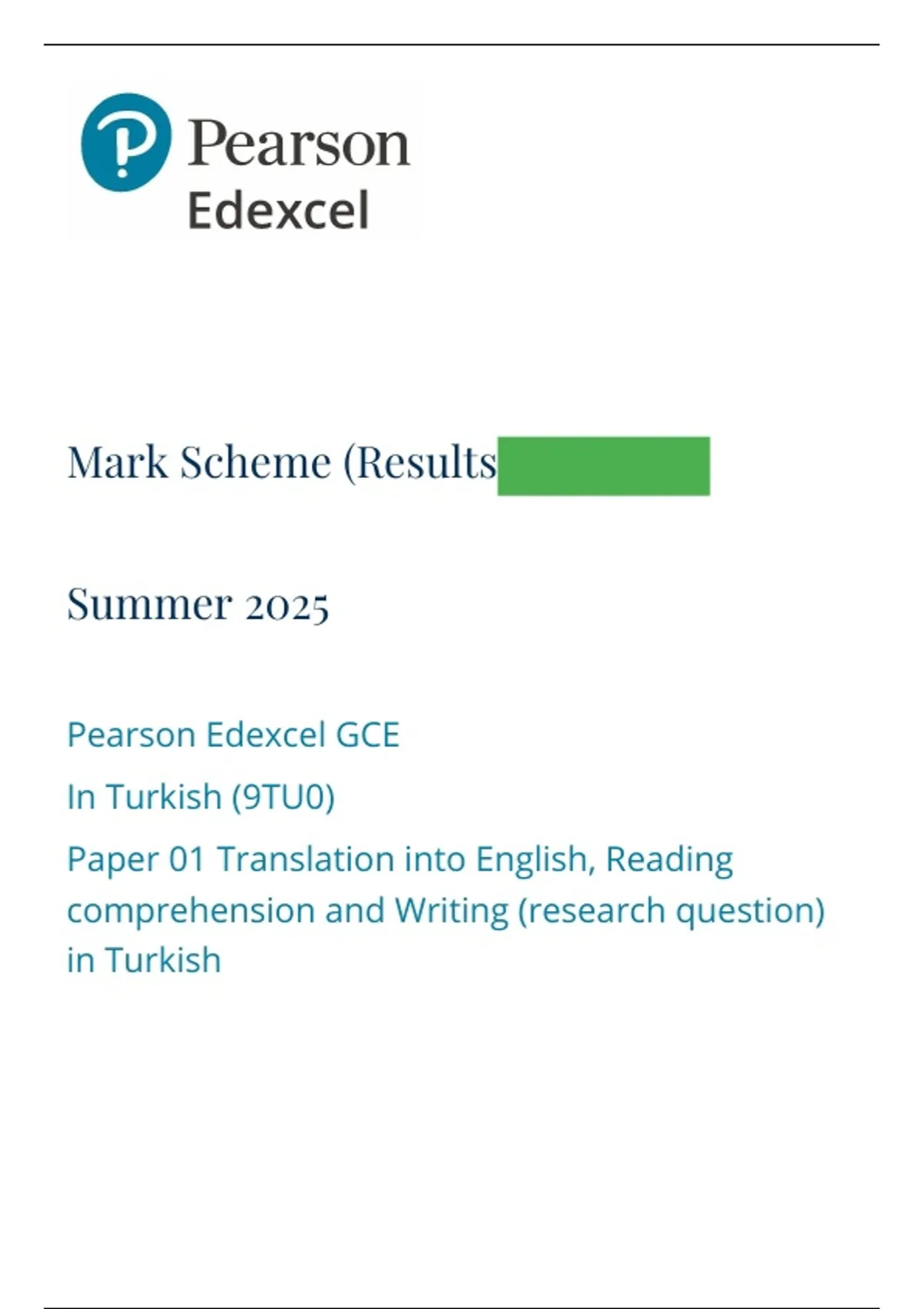 A-Level EDEXCEL 2025 Turkish PAPER 1 Mark Scheme - Pearson edexcel ...