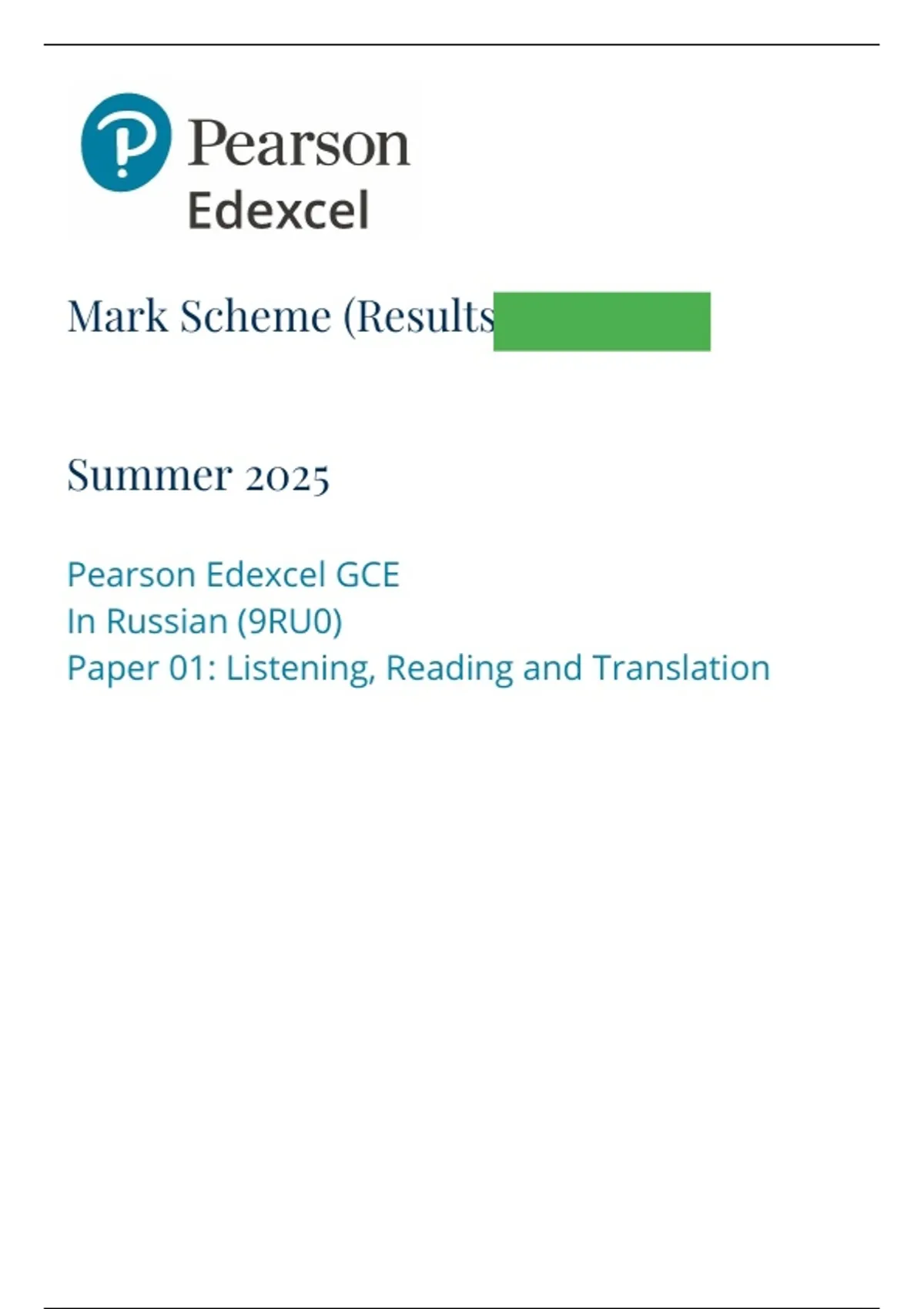 A-Level EDEXCEL 2025 Russian PAPER 1 Mark Scheme - Pearson edexcel ...
