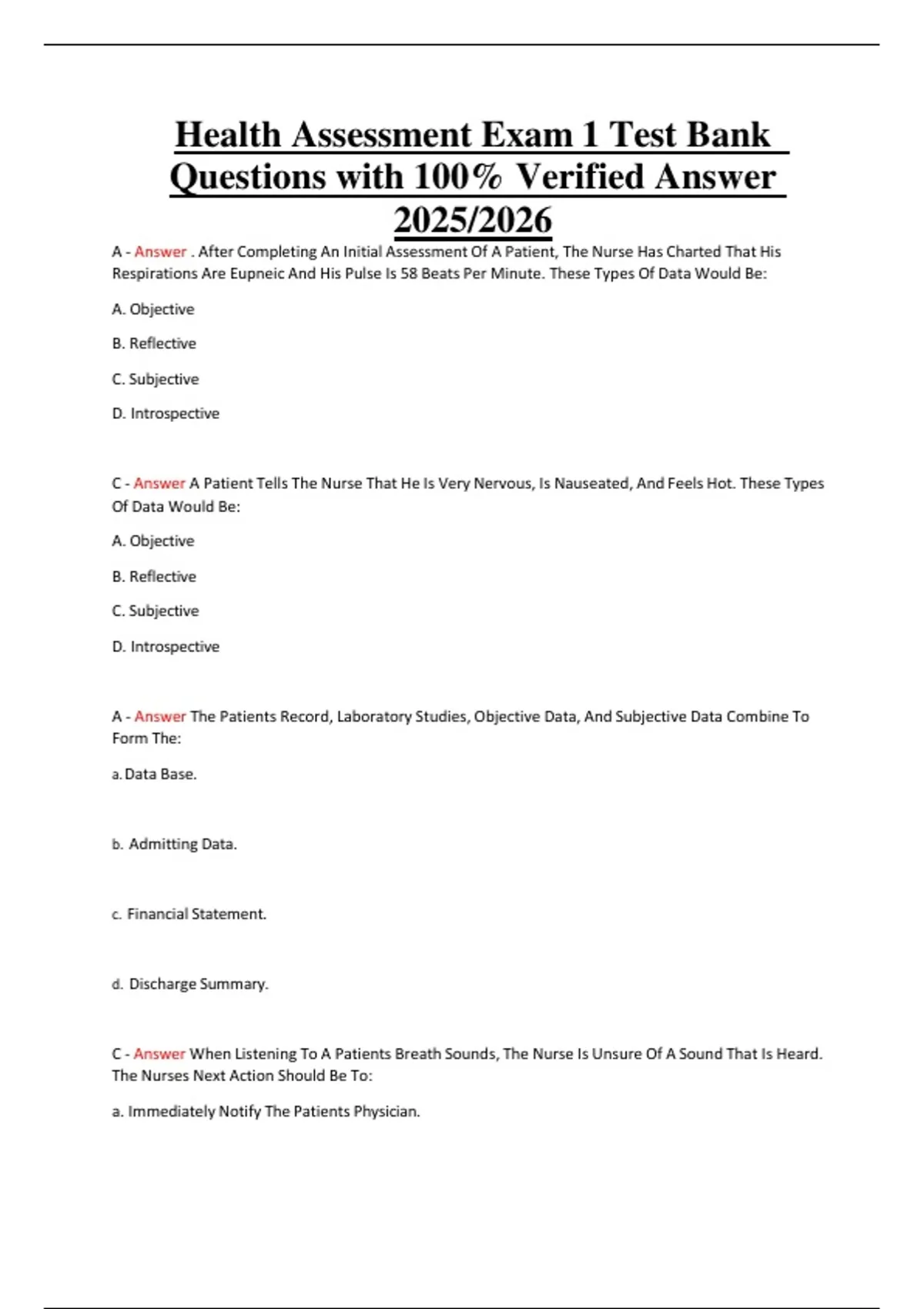 Health Assessment Exam 1 Test Bank Questions with 100% Verified Answer ...