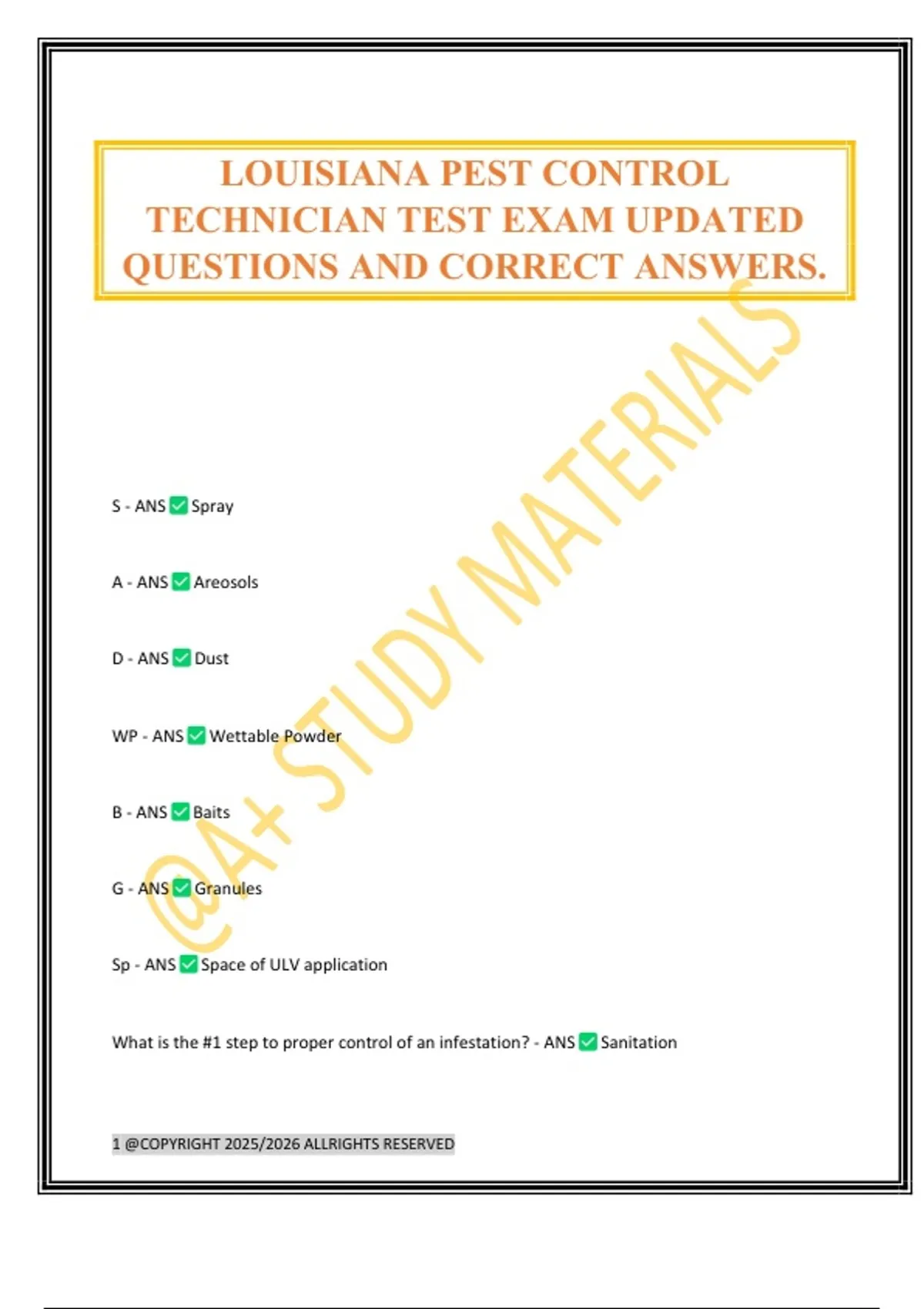 LOUISIANA PEST CONTROL TECHNICIAN TEST EXAM UPDATED QUESTIONS AND ...