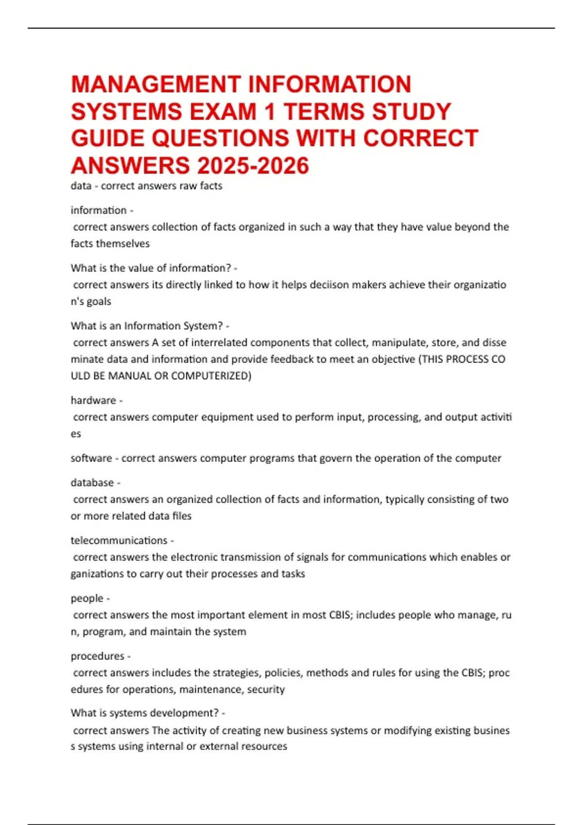 MANAGEMENT INFORMATION SYSTEMS EXAM 1 TERMS STUDY GUIDE QUESTIONS WITH ...