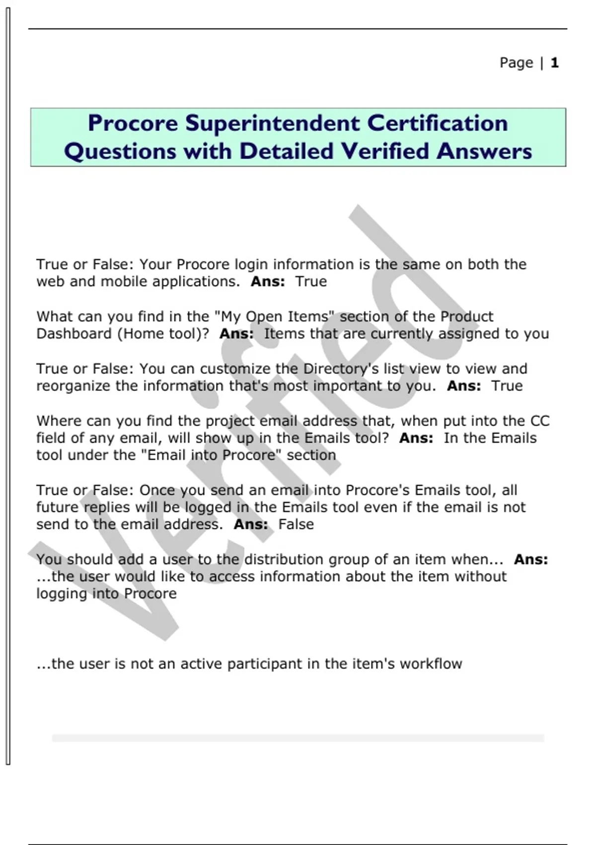 Procore Superintendent Certification Questions with Detailed Verified ...