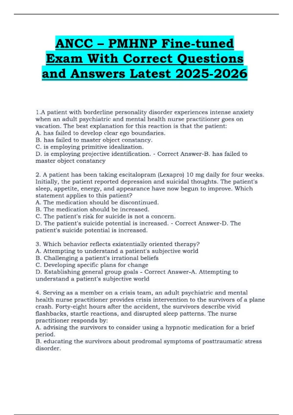 ANCC PMHNP Exam 2025–2026 | Fine-Tuned Practice Test With Correct ...