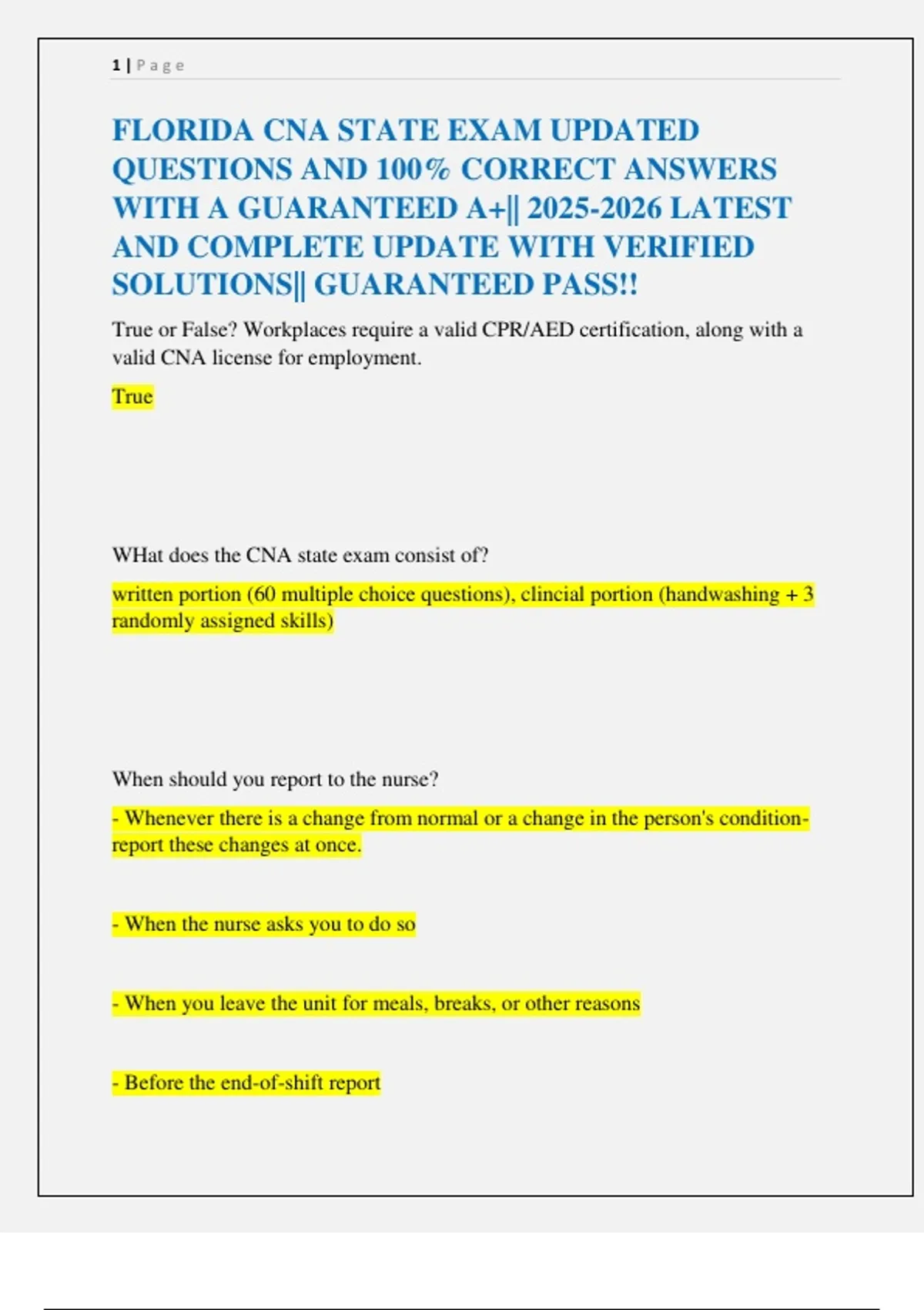 FLORIDA CNA STATE EXAM UPDATED QUESTIONS AND 100% CORRECT ANSWERS WITH ...