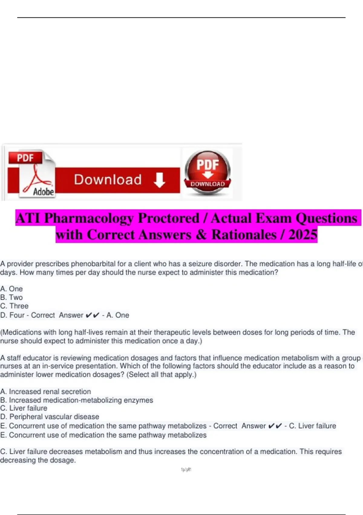 ATI Pharmacology Proctored / Actual Exam Questions with Correct Answers ...