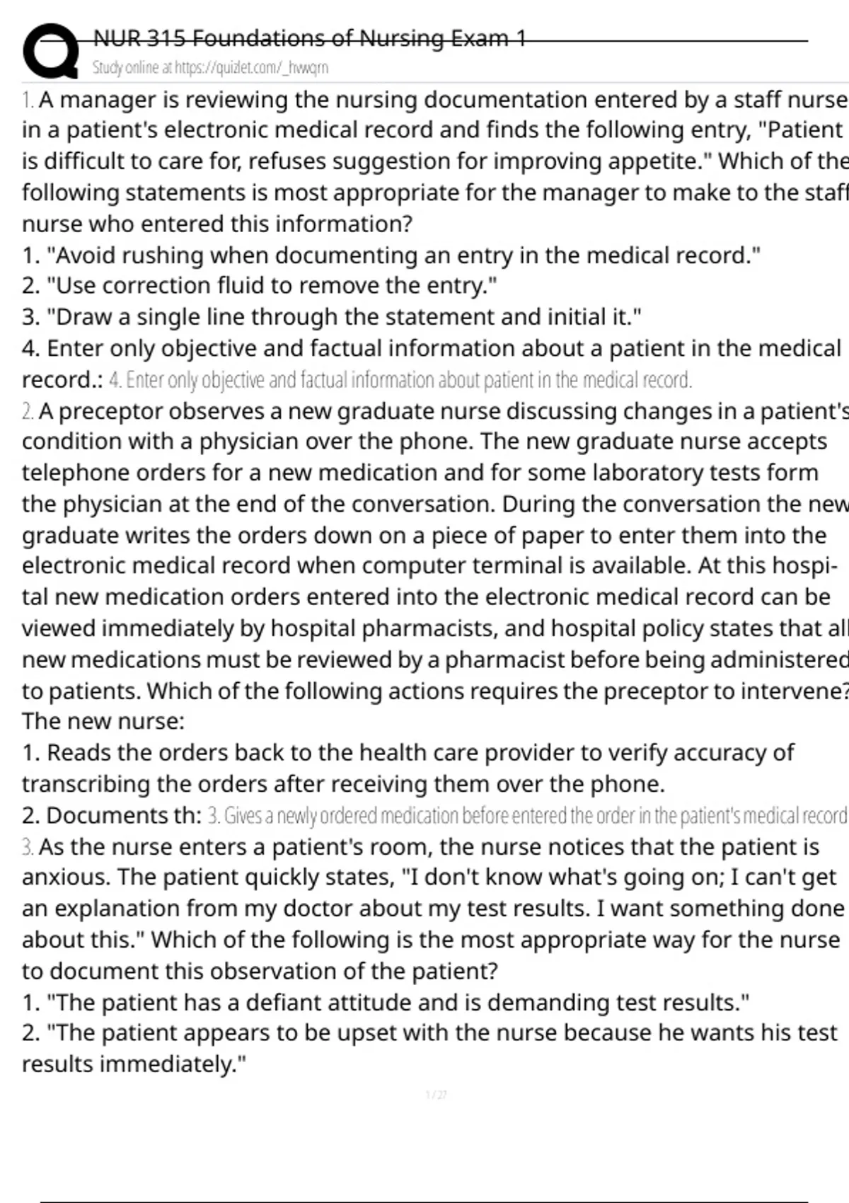 NUR 315 Foundations of Nursing Exam 1 Exam Questions and Answers 100% ...
