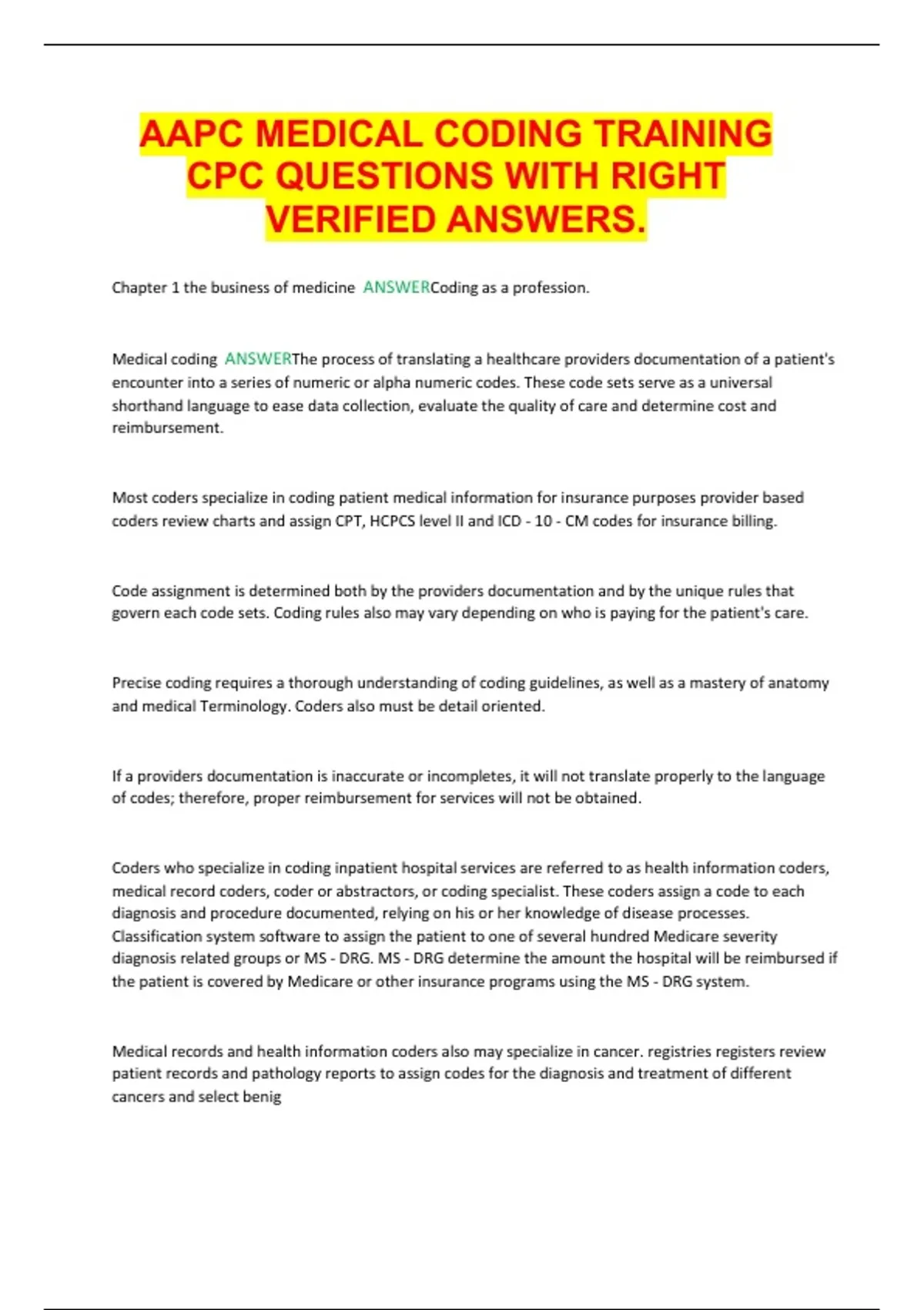 AAPC MEDICAL CODING TRAINING CPC QUESTIONS WITH RIGHT VERIFIED ANSWERS ...