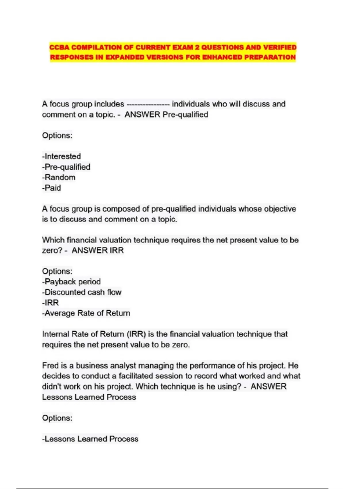 Ccba Test Examples CCBA COMPILATION OF CURRENT EXAM 2 QUESTIONS AND VERIFIED RESPONSES IN ...