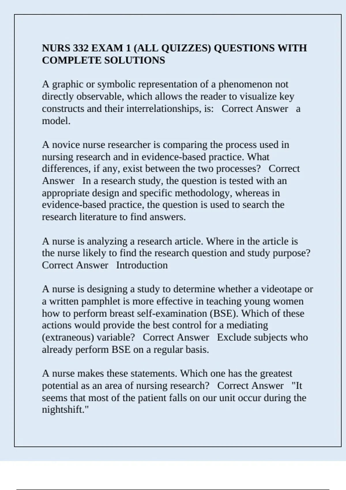NURS 332 EXAM 1 (ALL QUIZZES) QUESTIONS WITH COMPLETE SOLUTIONS - NURS ...