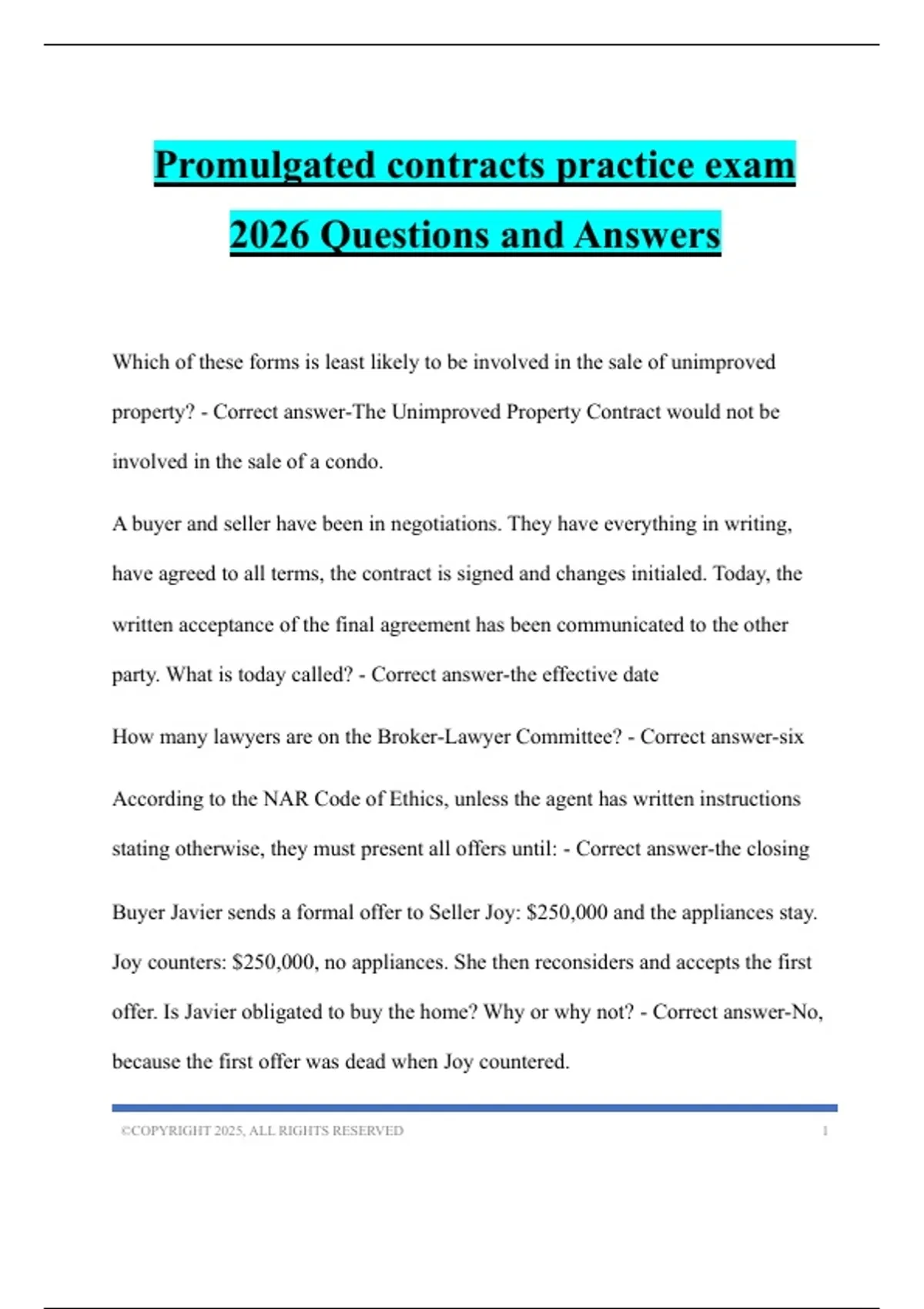 Promugated Promulgated contracts practice exam 2026 Questions and Answers - Texas ...