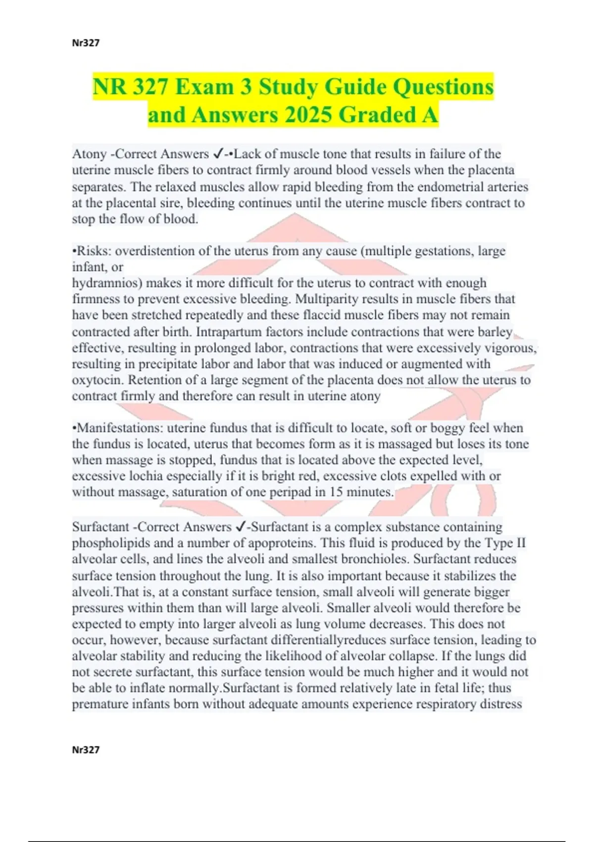 NR 327 Exam 3 Study Guide Questions and Answers 2025 Graded A - NR 327 ...