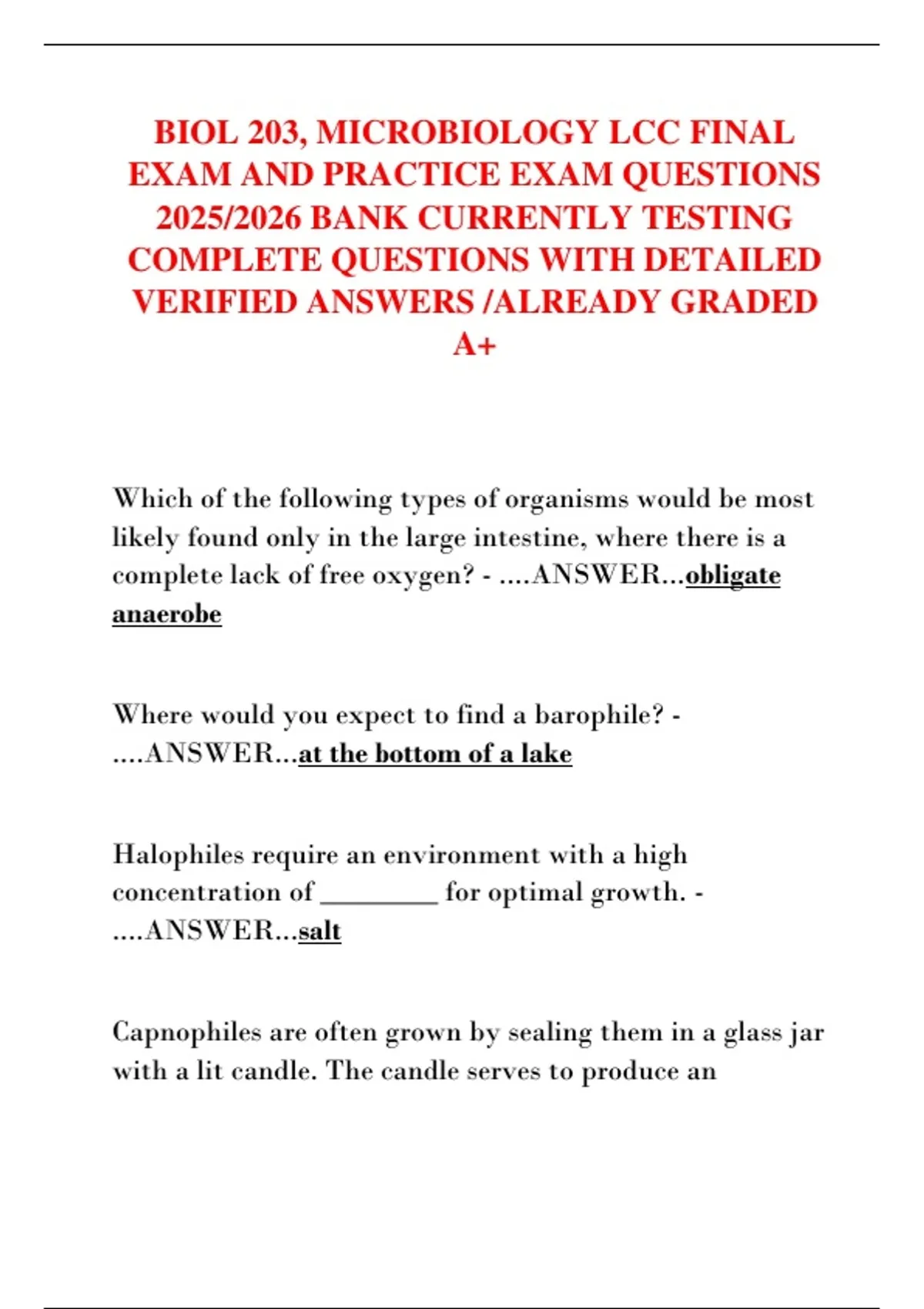 BIOL 203, MICROBIOLOGY LCC FINAL EXAM AND PRACTICE EXAM QUESTIONS 2025/ ...