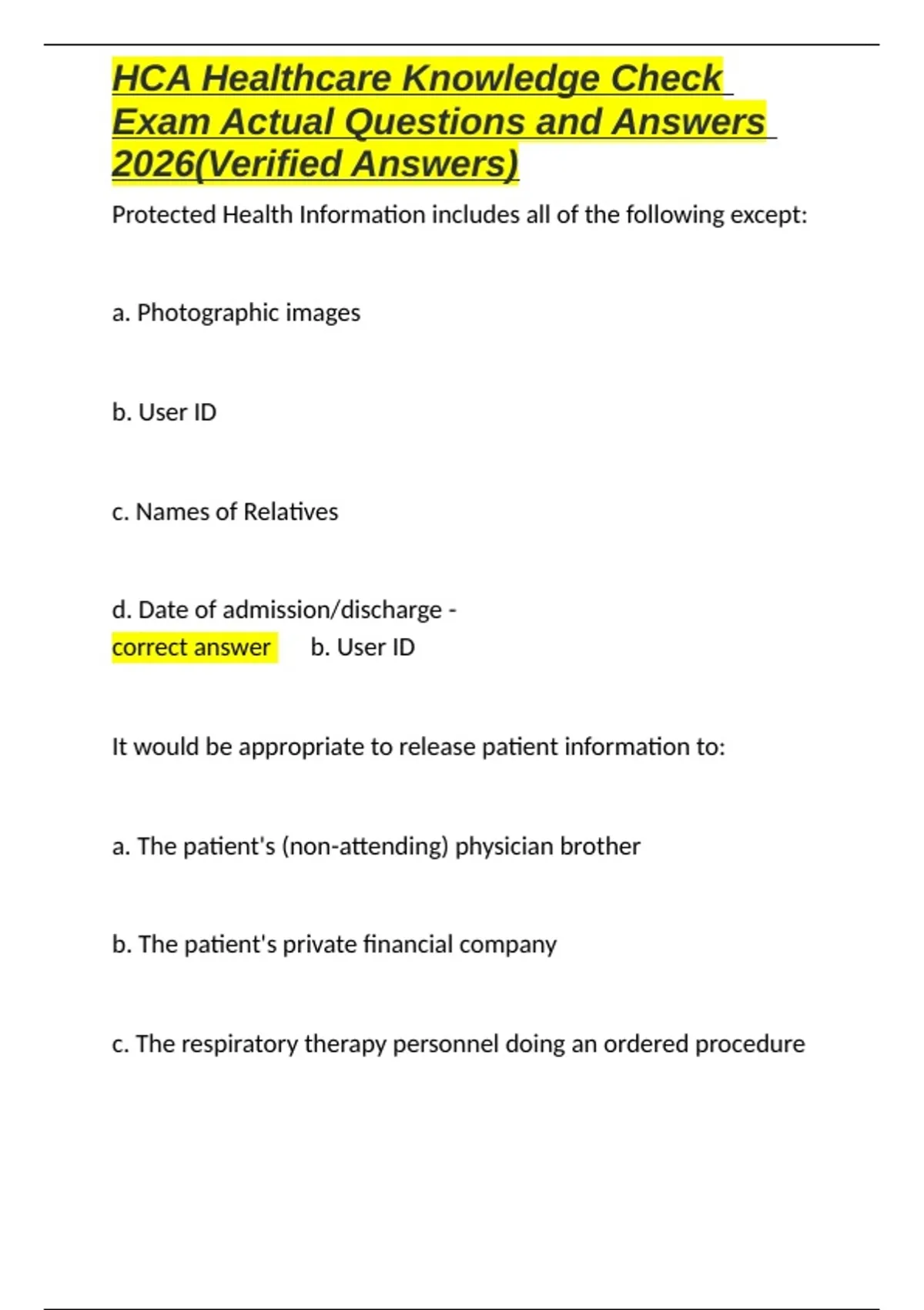 HCA Healthcare Knowledge Check Exam Actual Questions and Answers 2026 ...