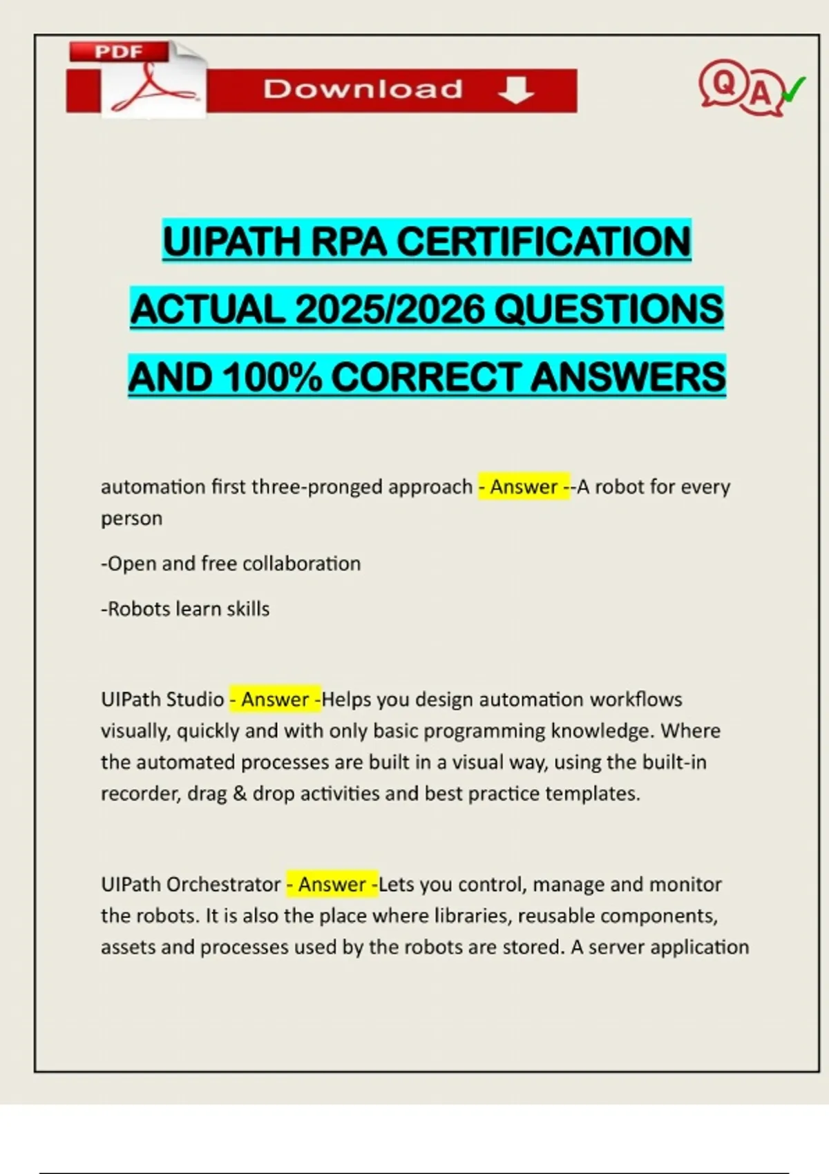 UIPATH RPA CERTIFICATION ACTUAL 2025/2026 QUESTIONS AND 100% CORRECT ...