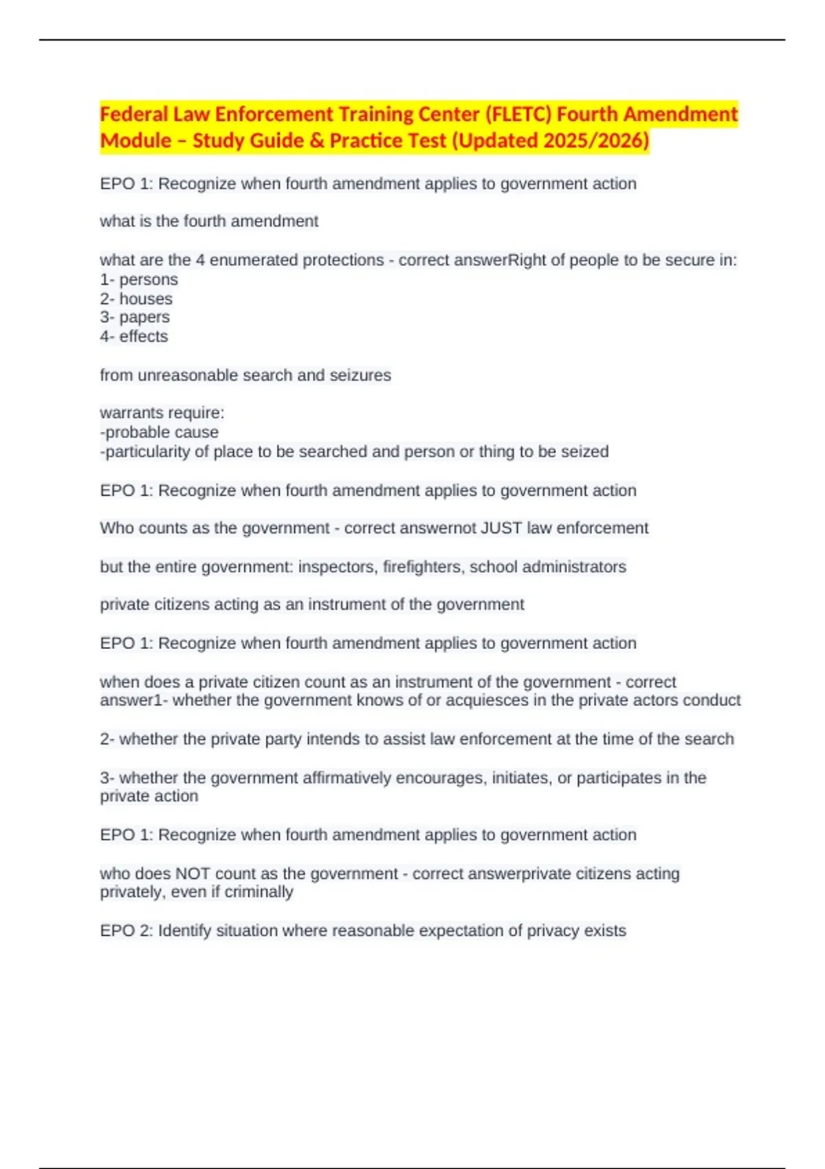 FLETC Fourth Amendment Module – Study Guide & Practice Test (Updated ...