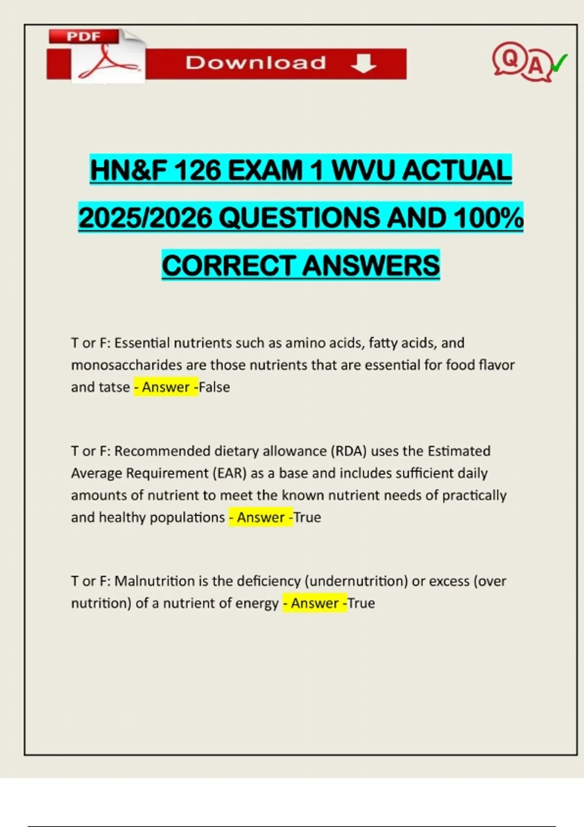 HN&F 126 EXAM 1 WVU ACTUAL 2025/2026 QUESTIONS AND 100% CORRECT ANSWERS ...