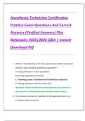 Anesthesia Technician Certification  Practice Exam Questions And Correct  Answers &lpar;Verified Answers&rpar; Plus  Rationales 2025&vert;2026 Q&A &vert; Instant  Download Pdf 