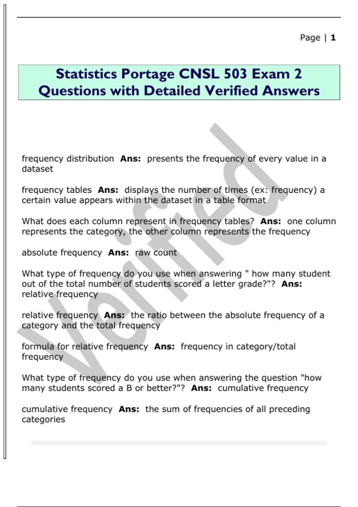 Statistics Portage CNSL 503 Exam 2 Questions with Detailed Verified ...