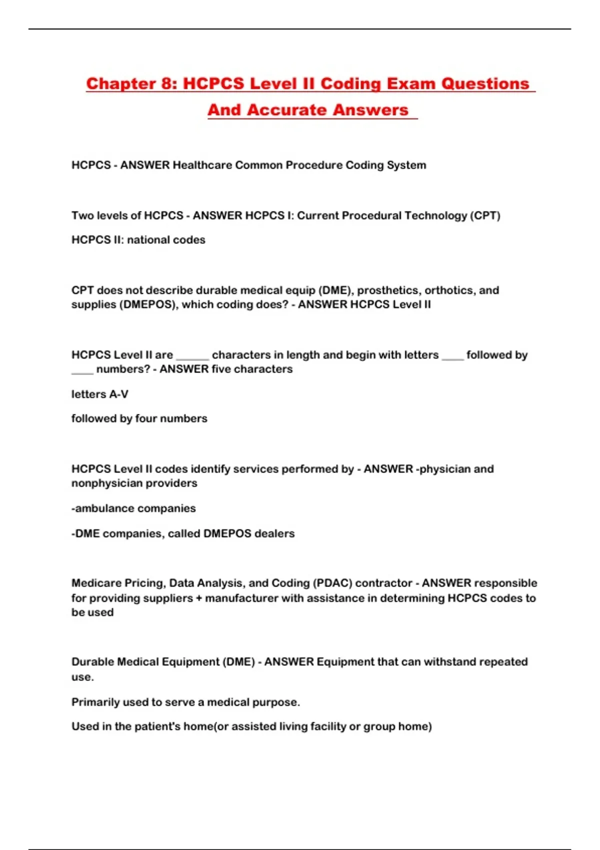 Chapter 8: HCPCS Level II Coding Exam Questions And Accurate Answers ...