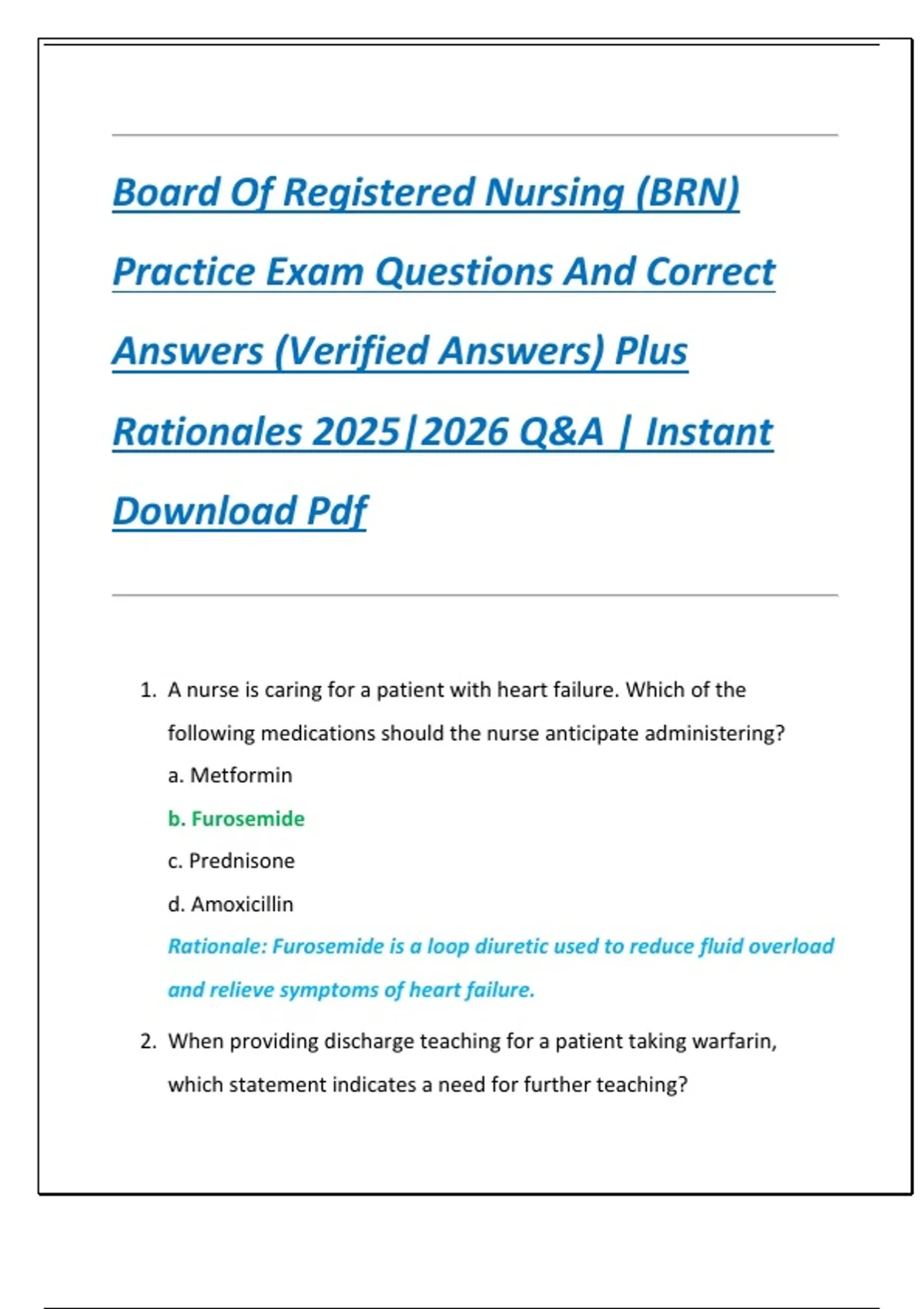 Board Of Registered Nursing (BRN) Practice Exam Questions And Correct ...