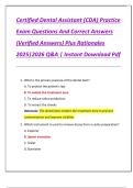 Certified Dental Assistant &lpar;CDA&rpar; Practice  Exam Questions And Correct Answers  &lpar;Verified Answers&rpar; Plus Rationales  2025&vert;2026 Q&A &vert; Instant Download Pdf