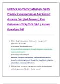Certified Emergency Manager &lpar;CEM&rpar;  Practice Exam Questions And Correct  Answers &lpar;Verified Answers&rpar; Plus  Rationales 2025&vert;2026 Q&A &vert; Instant  Download Pdf