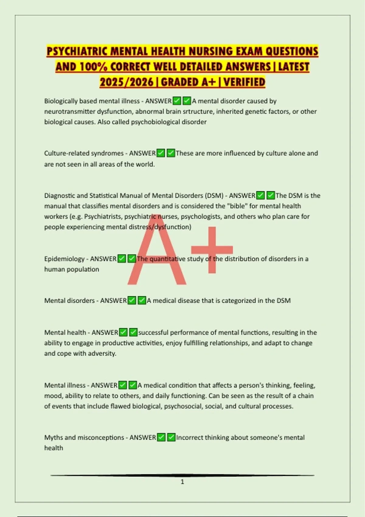 PSYCHIATRIC MENTAL HEALTH NURSING EXAM QUESTIONS AND 100% CORRECT WELL ...
