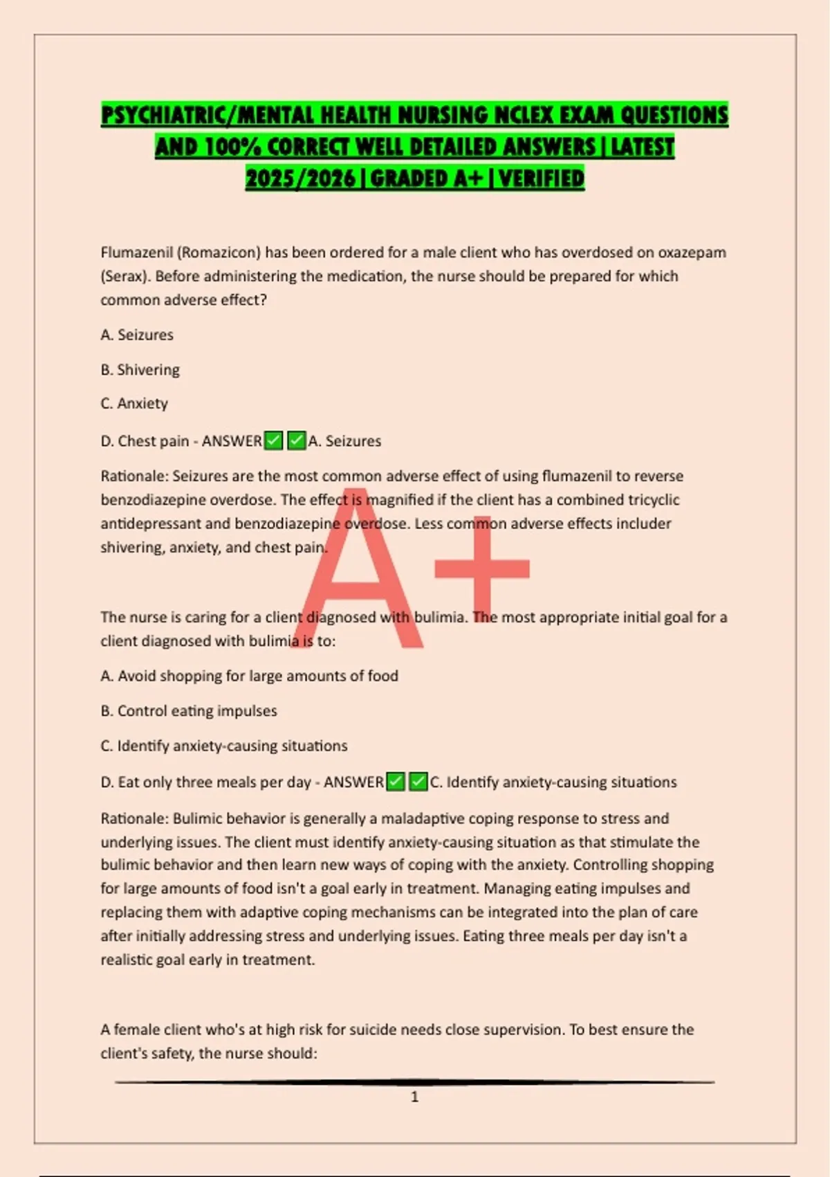 PSYCHIATRIC/MENTAL HEALTH NURSING NCLEX EXAM QUESTIONS AND 100% CORRECT ...