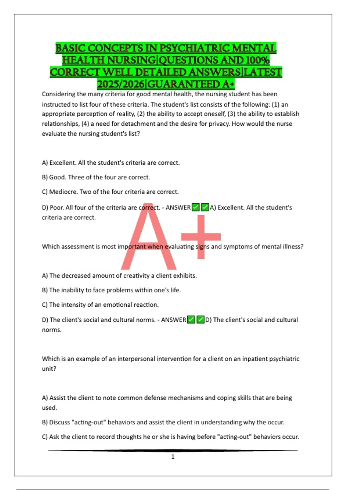 BASIC CONCEPTS IN PSYCHIATRIC MENTAL HEALTH NURSING|QUESTIONS AND 100% ...