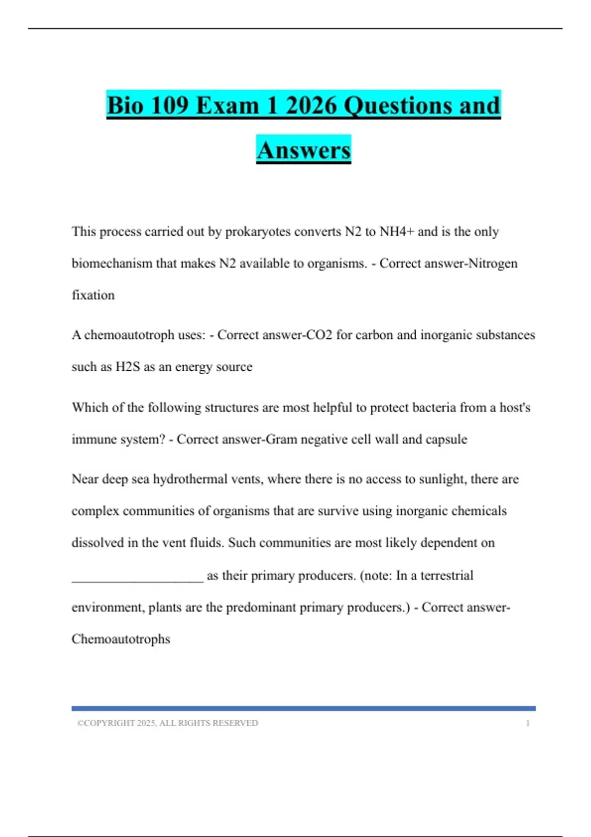 Bio 109 Exam 1 2026 Questions and Answers - BIO 109 Lab - Stuvia US