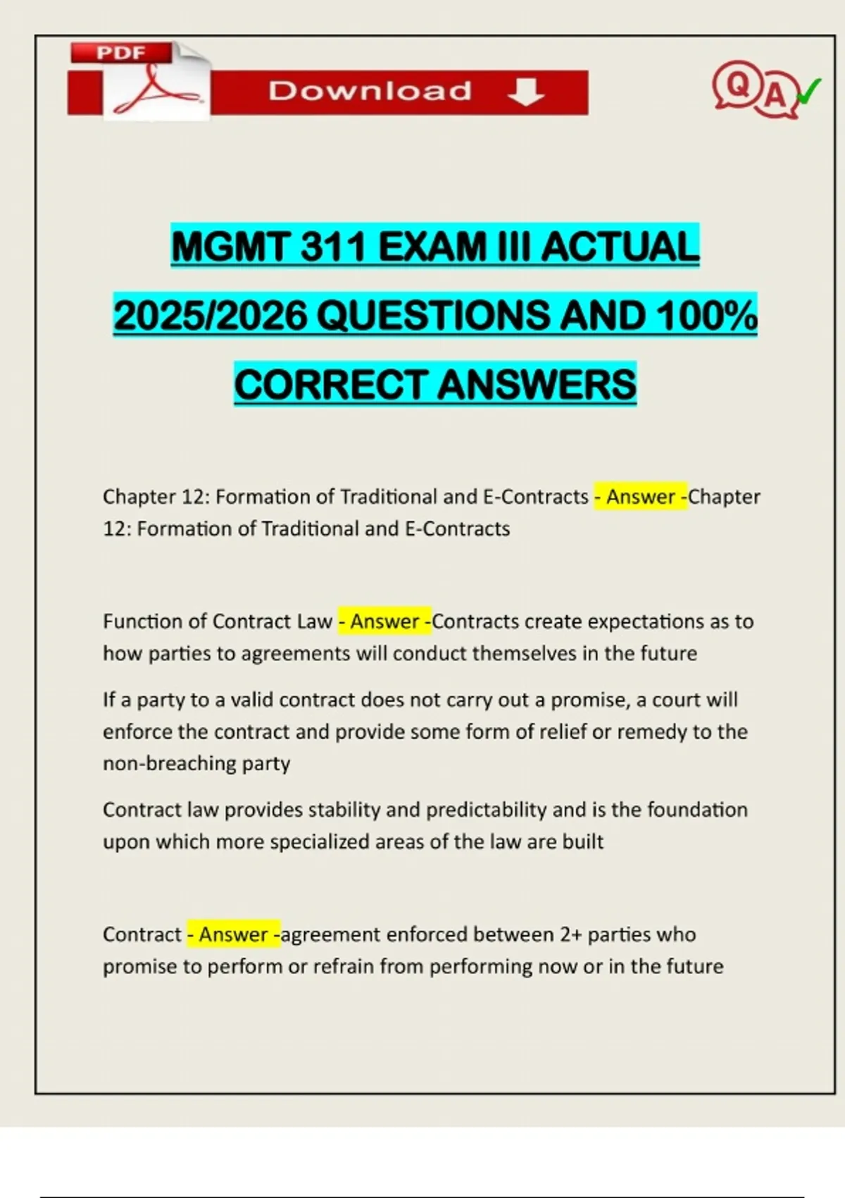 MGMT 311 EXAM III ACTUAL 2025/2026 QUESTIONS AND 100% CORRECT ANSWERS ...