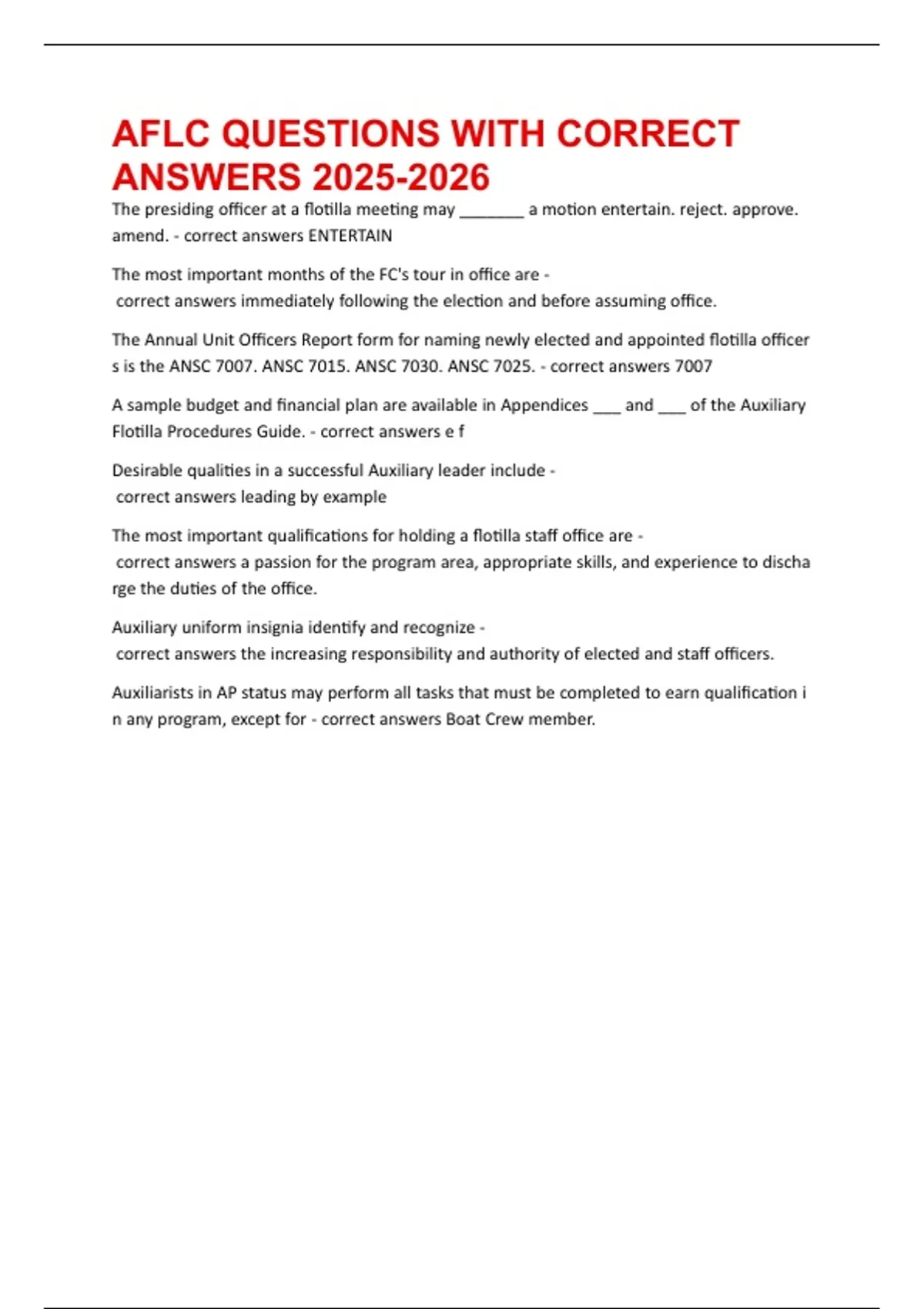 AFLC QUESTIONS WITH CORRECT ANSWERS 2025 - [EPME-3-4] LEADERSHIP ...