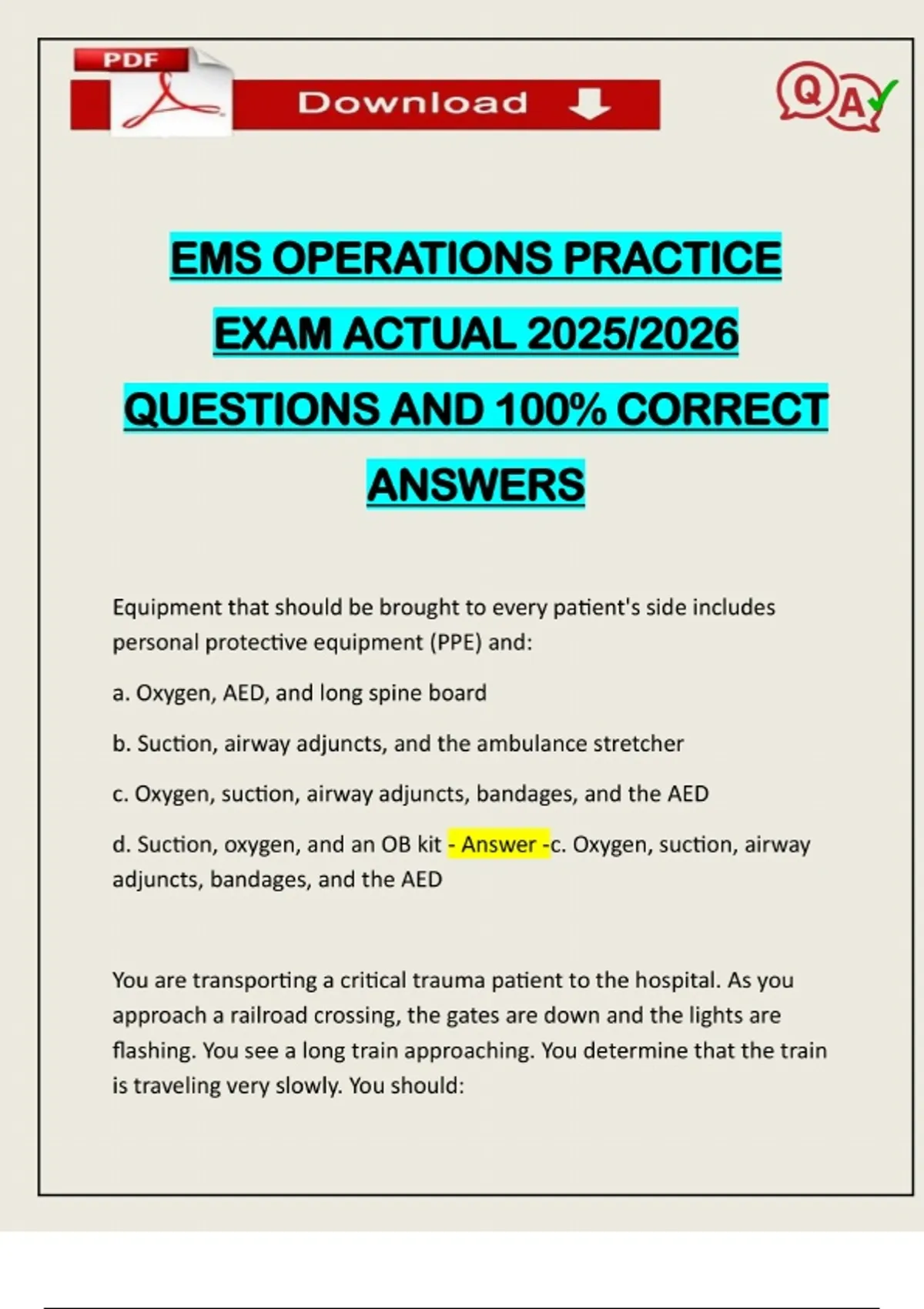 EMS OPERATIONS PRACTICE EXAM ACTUAL 2025/2026 QUESTIONS AND 100% ...